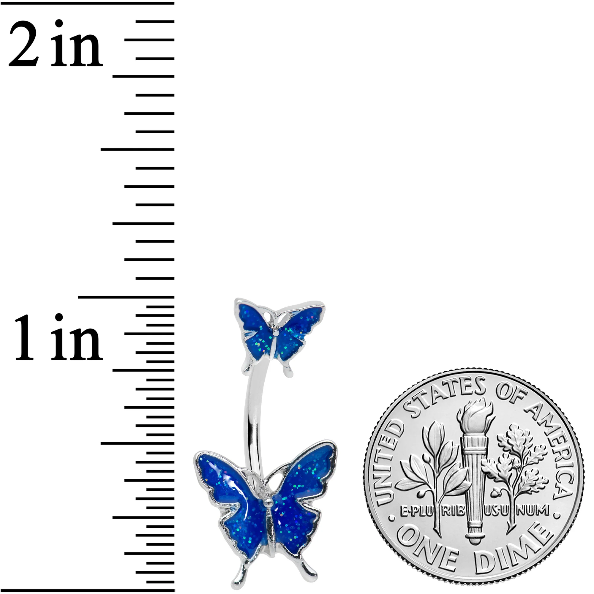 Blue Double Butterfly Glitter Wings Double Mount Belly Ring - Image 2