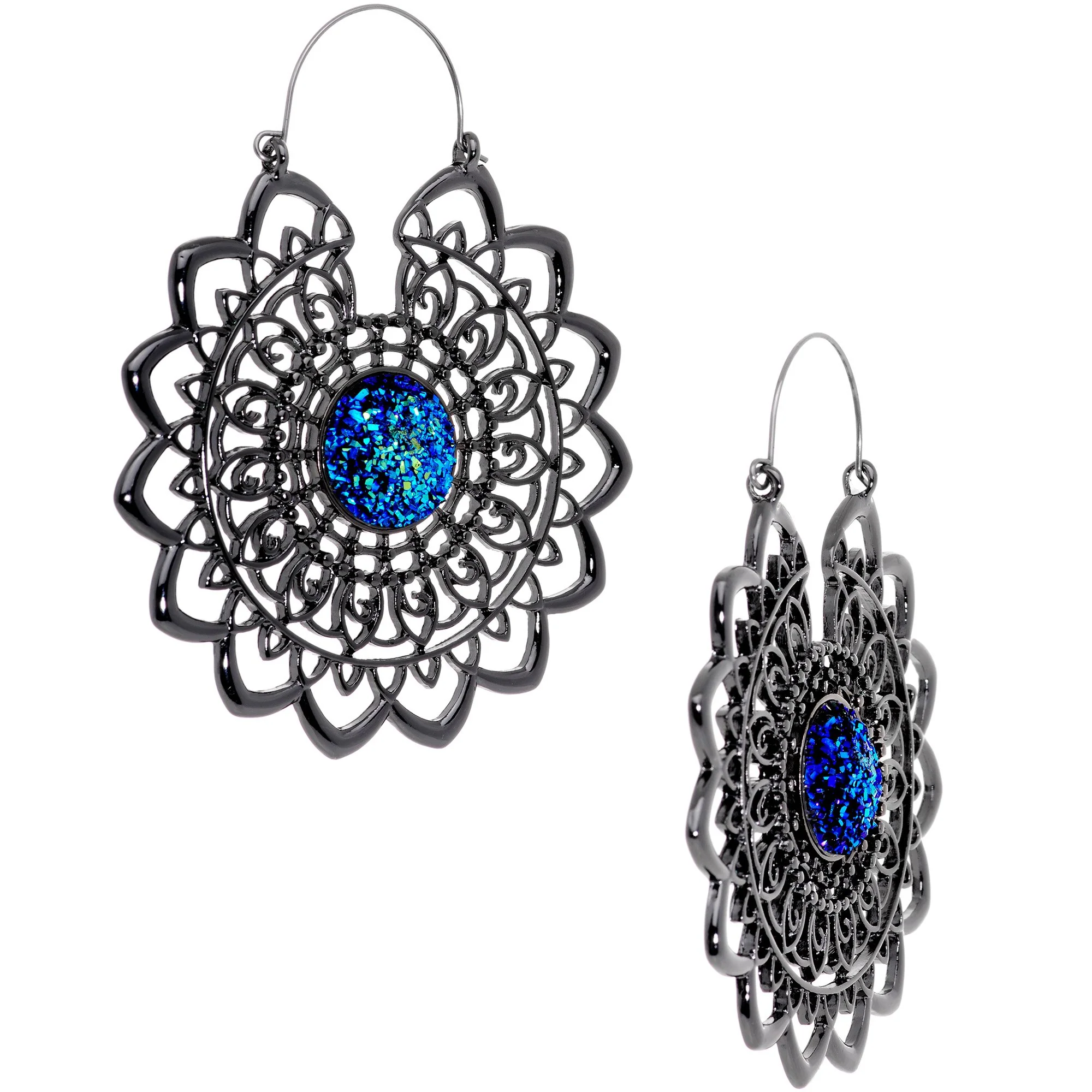 Blue Faux Druzy Black Serenity Mandala Tunnel Plug Earrings - Image 2