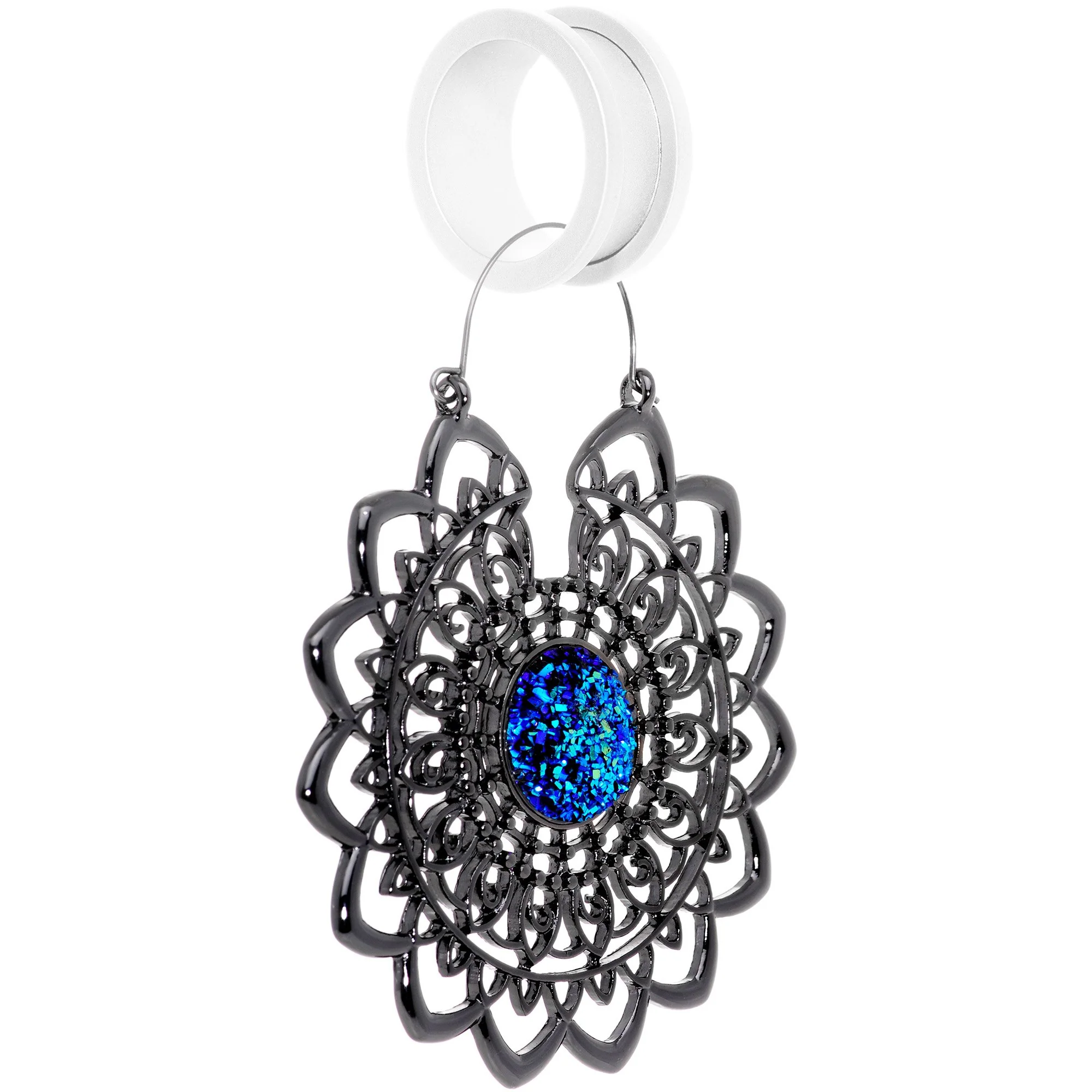 Blue Faux Druzy Black Serenity Mandala Tunnel Plug Earrings - Image 3