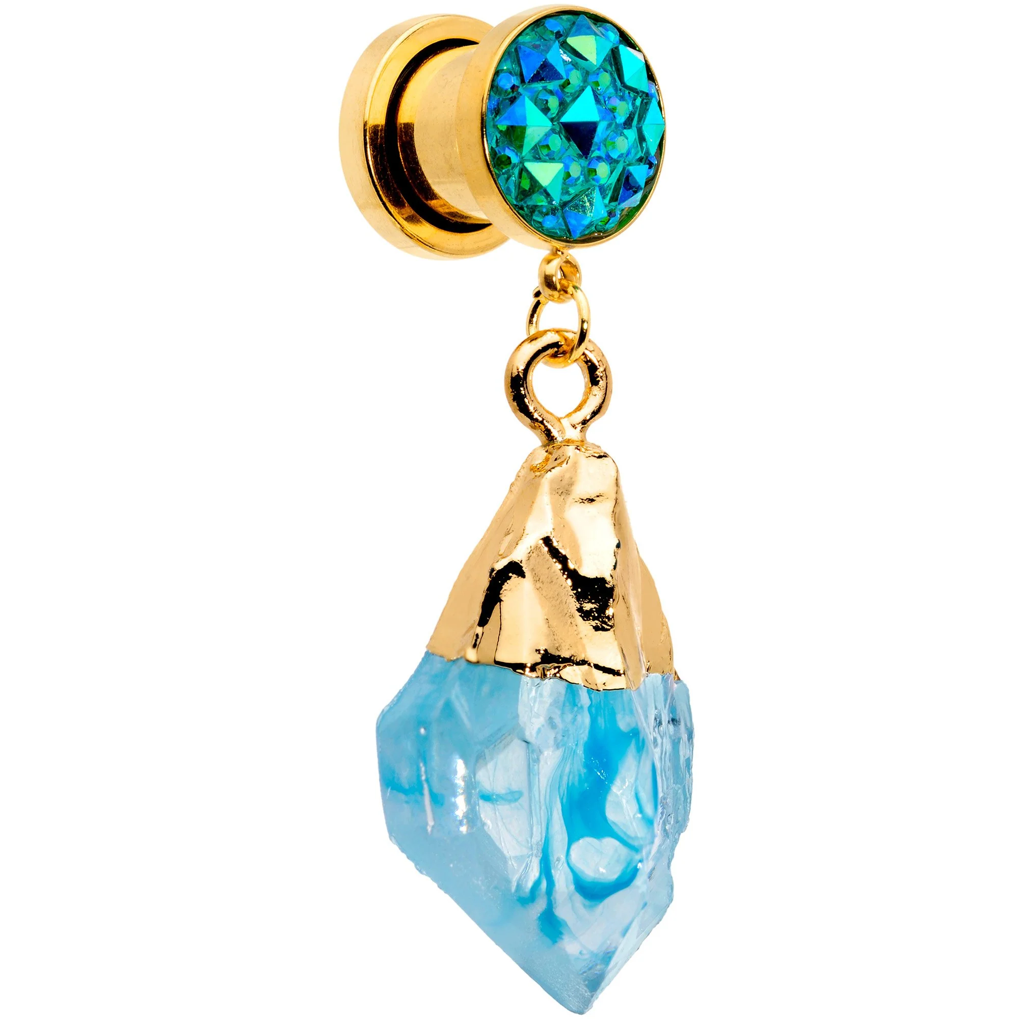 Blue Faux Druzy Quartz Gold Tone Dangle Screw Fit Plug Set 8mm to 16mm - Image 2