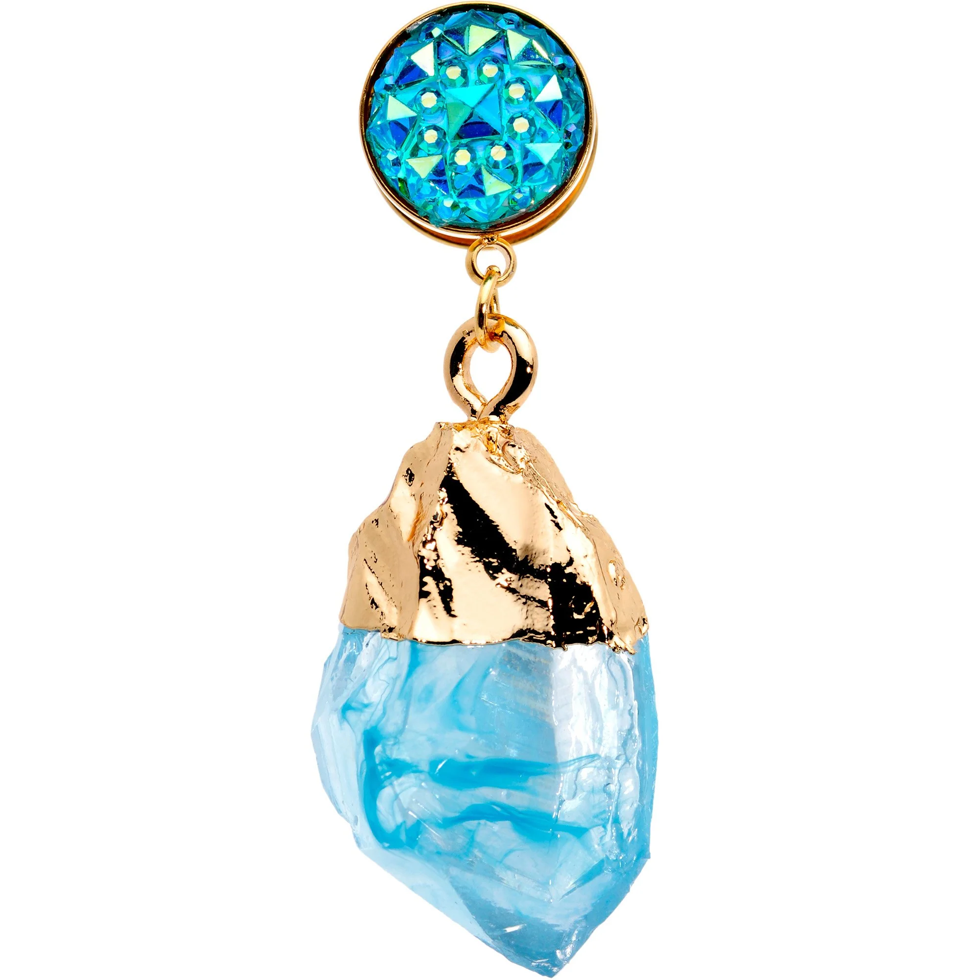 Blue Faux Druzy Quartz Gold Tone Dangle Screw Fit Plug Set 8mm to 16mm - Image 3