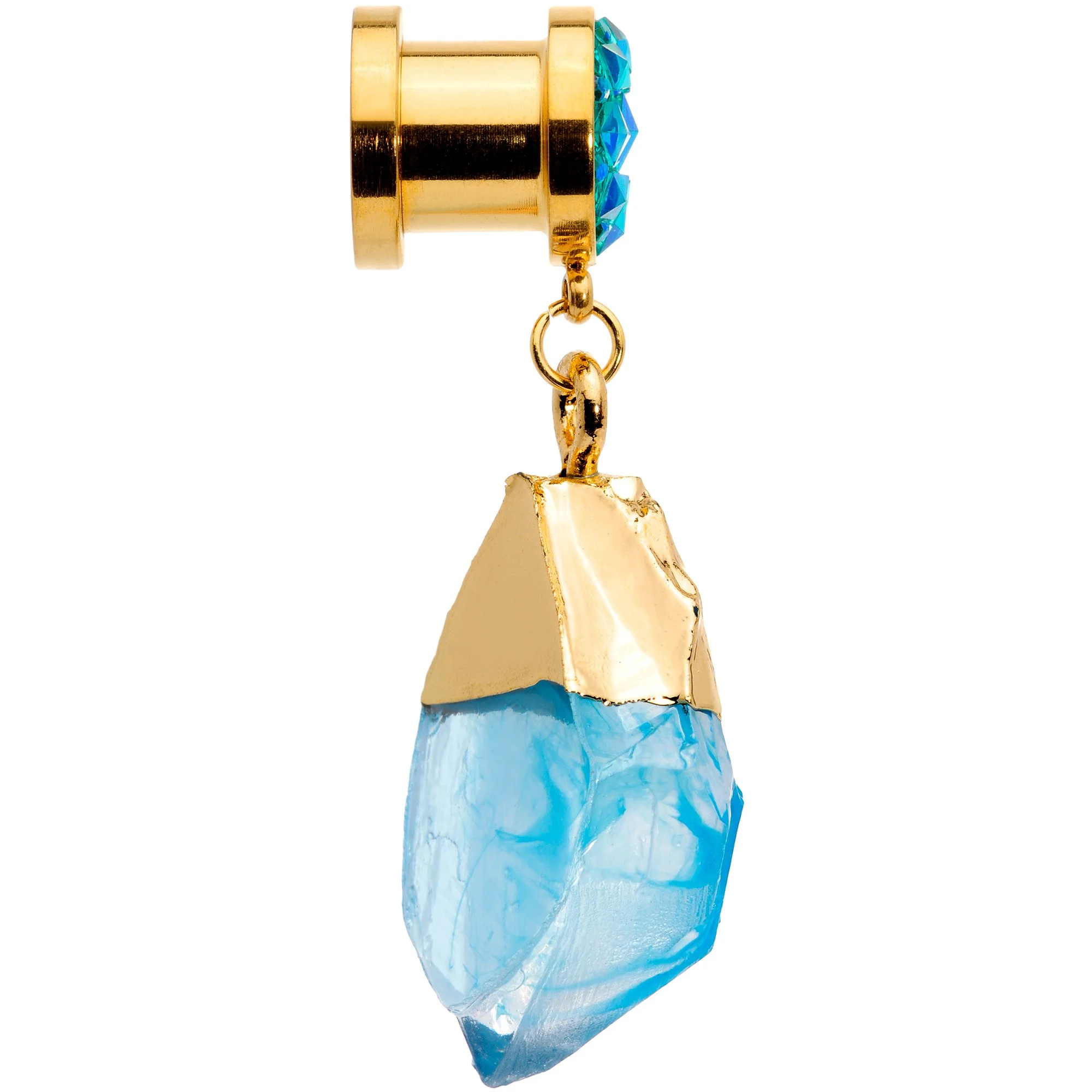 Blue Faux Druzy Quartz Gold Tone Dangle Screw Fit Plug Set 8mm to 16mm - Image 4