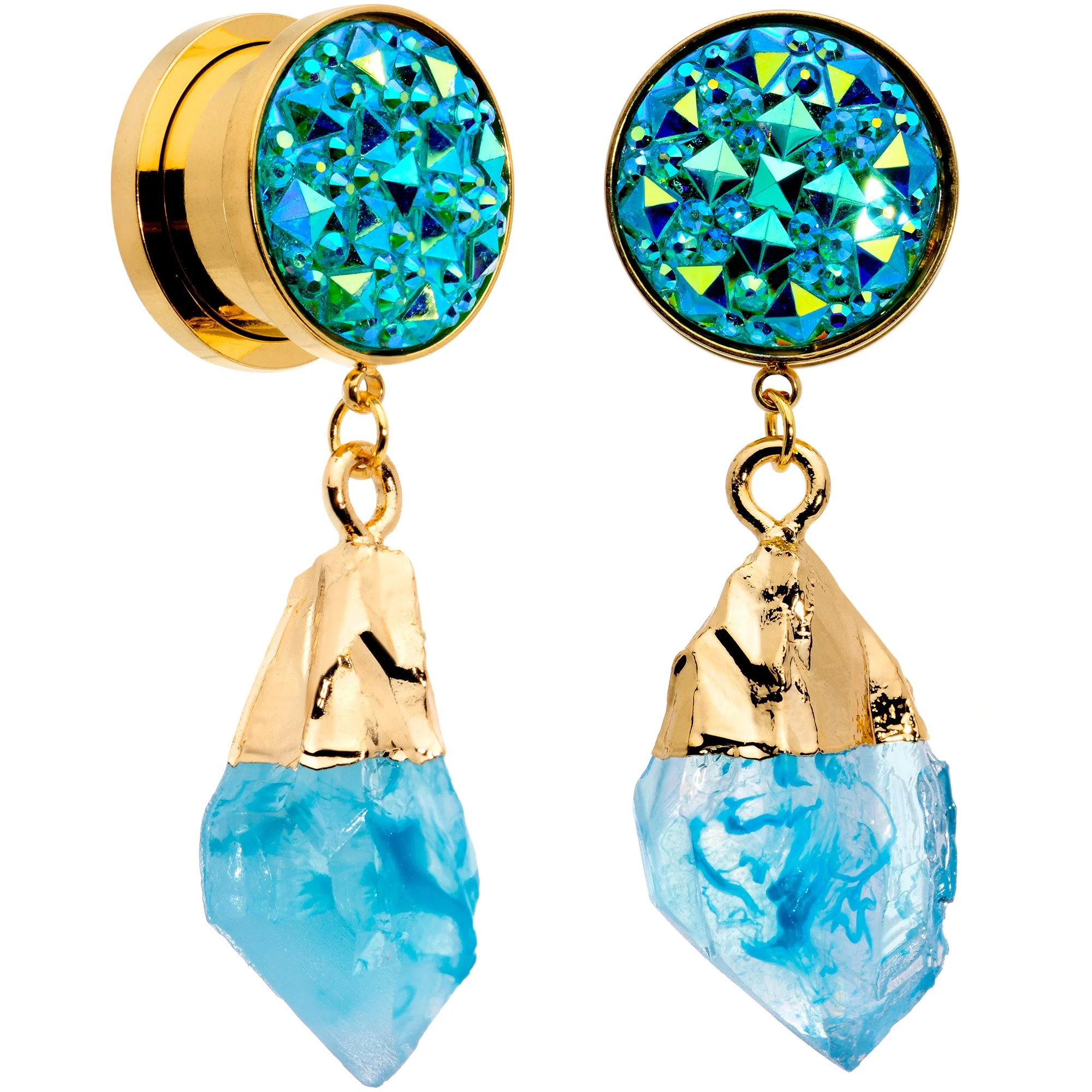 Blue Faux Druzy Quartz Gold Tone Dangle Screw Fit Plug Set 8mm to 16mm - Image 9