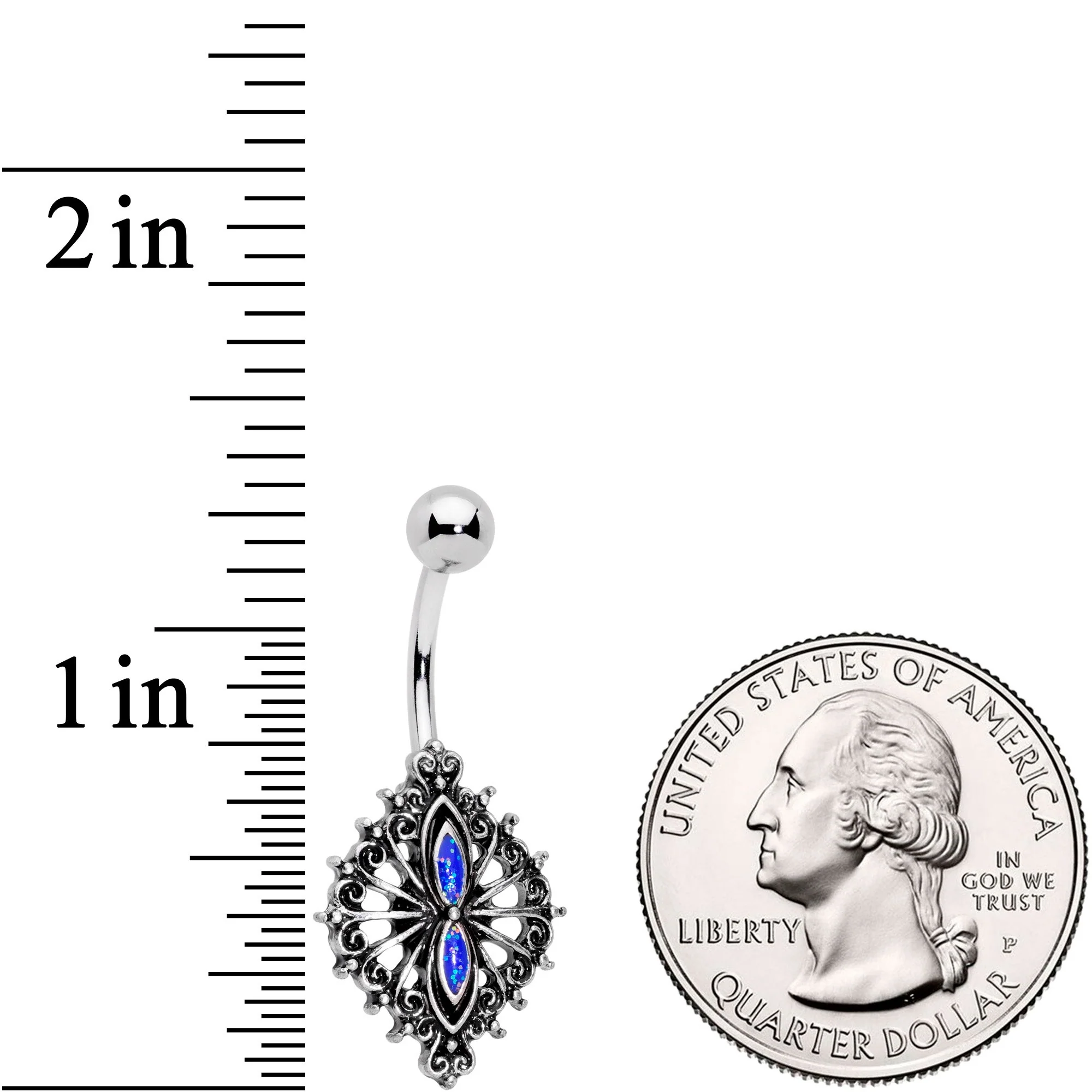 Blue Faux Druzy Spider Web Scrolls Belly Ring - Image 2