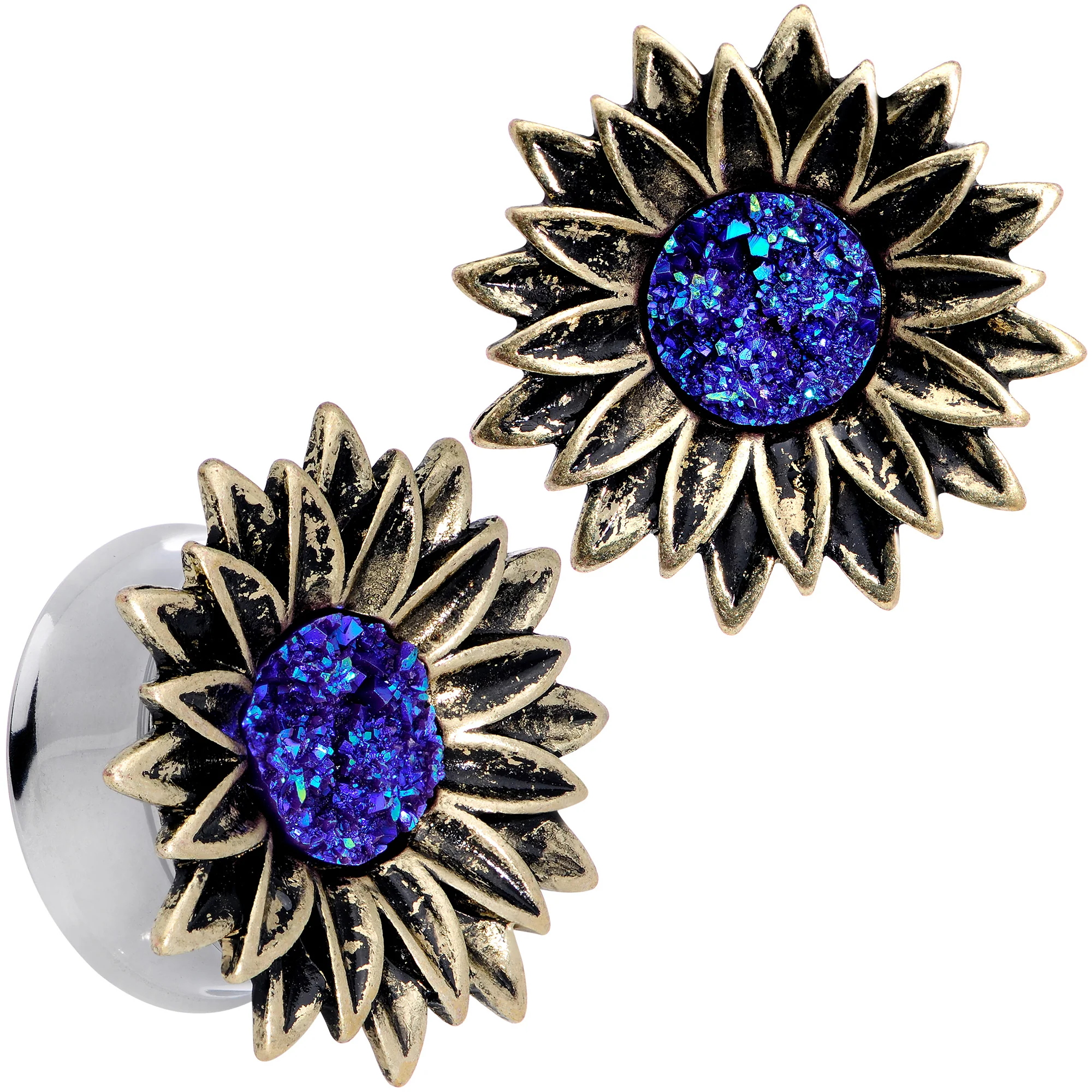 Blue Faux Druzy Sunburst Flower Double Flare Plug Set 2G to 1" - Image 15