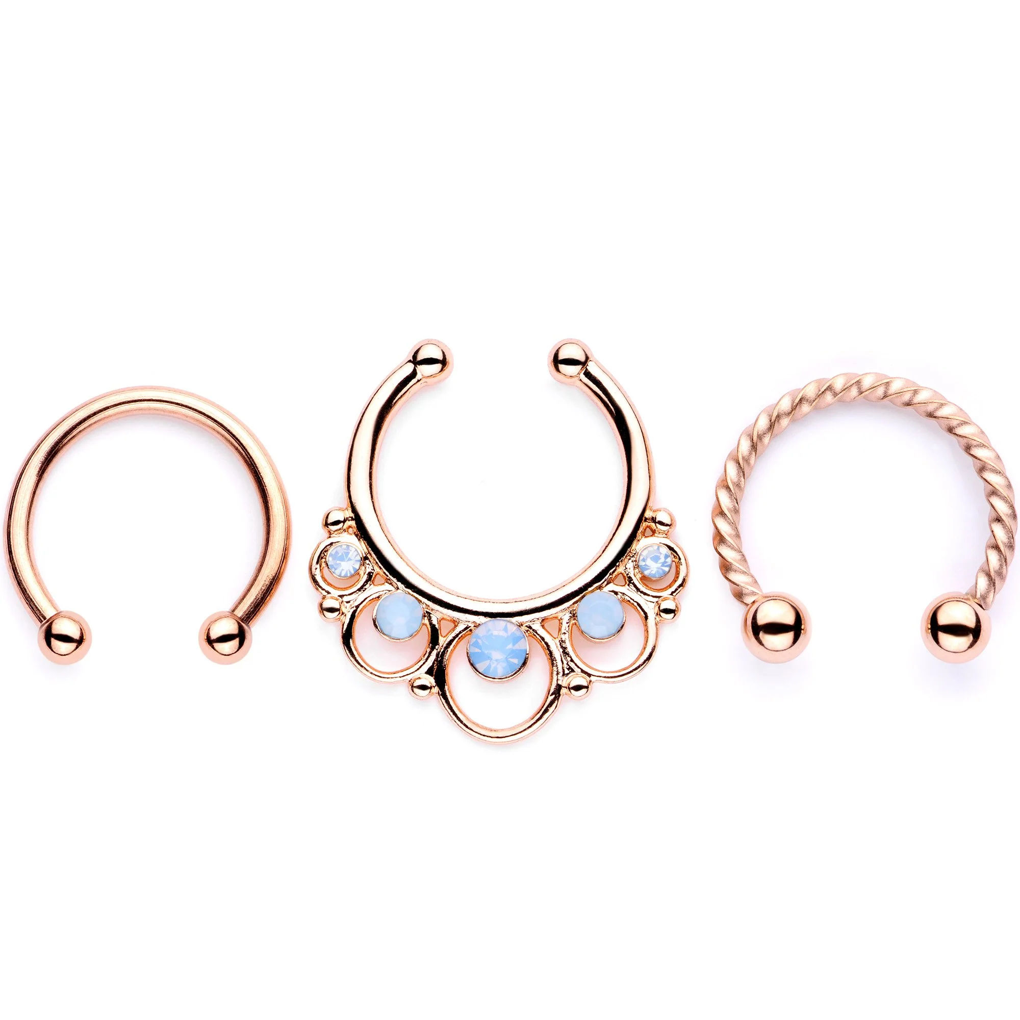 16G Blue Faux Opal Rose Gold Tone Twisted Horseshoe Clip On Fake Septum Ring Set - Image 2