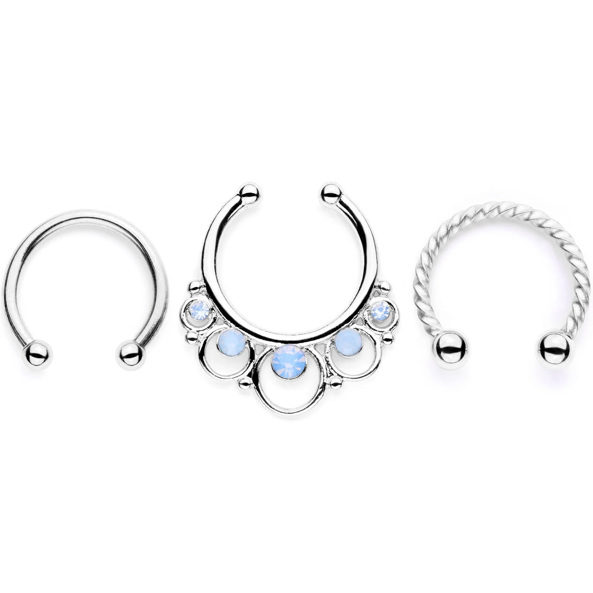 16G Blue Faux Opal Twisted Horseshoe Clip On Fake Septum Ring Set - Image 2