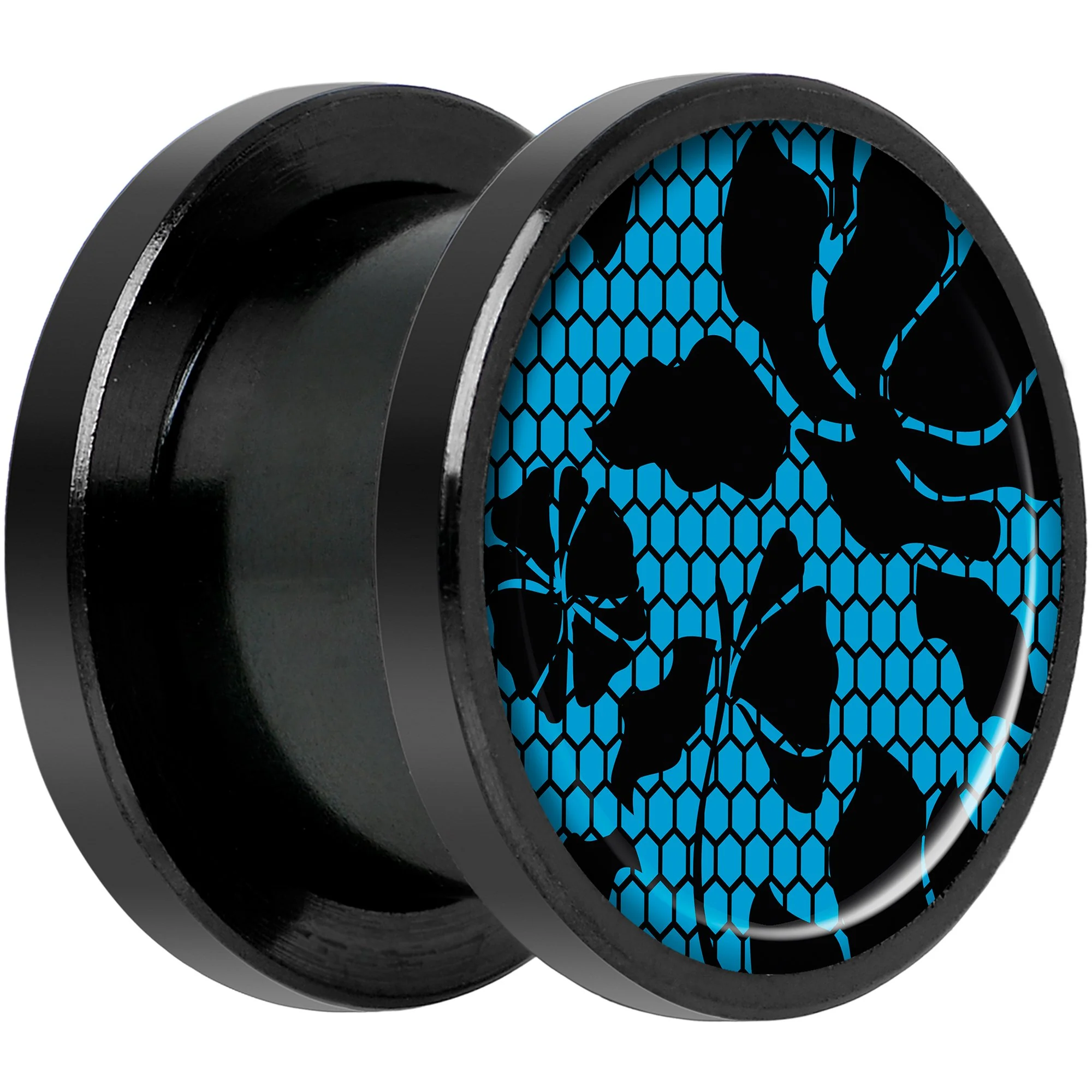 Blue Floral Lace Black Anodized Screw Fit Plug Set 1/2 - Image 2