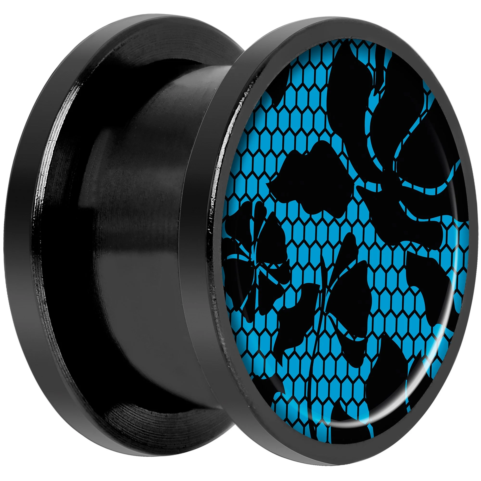 Blue Floral Lace Black Anodized Screw Fit Plug Set 9/16 - Image 2