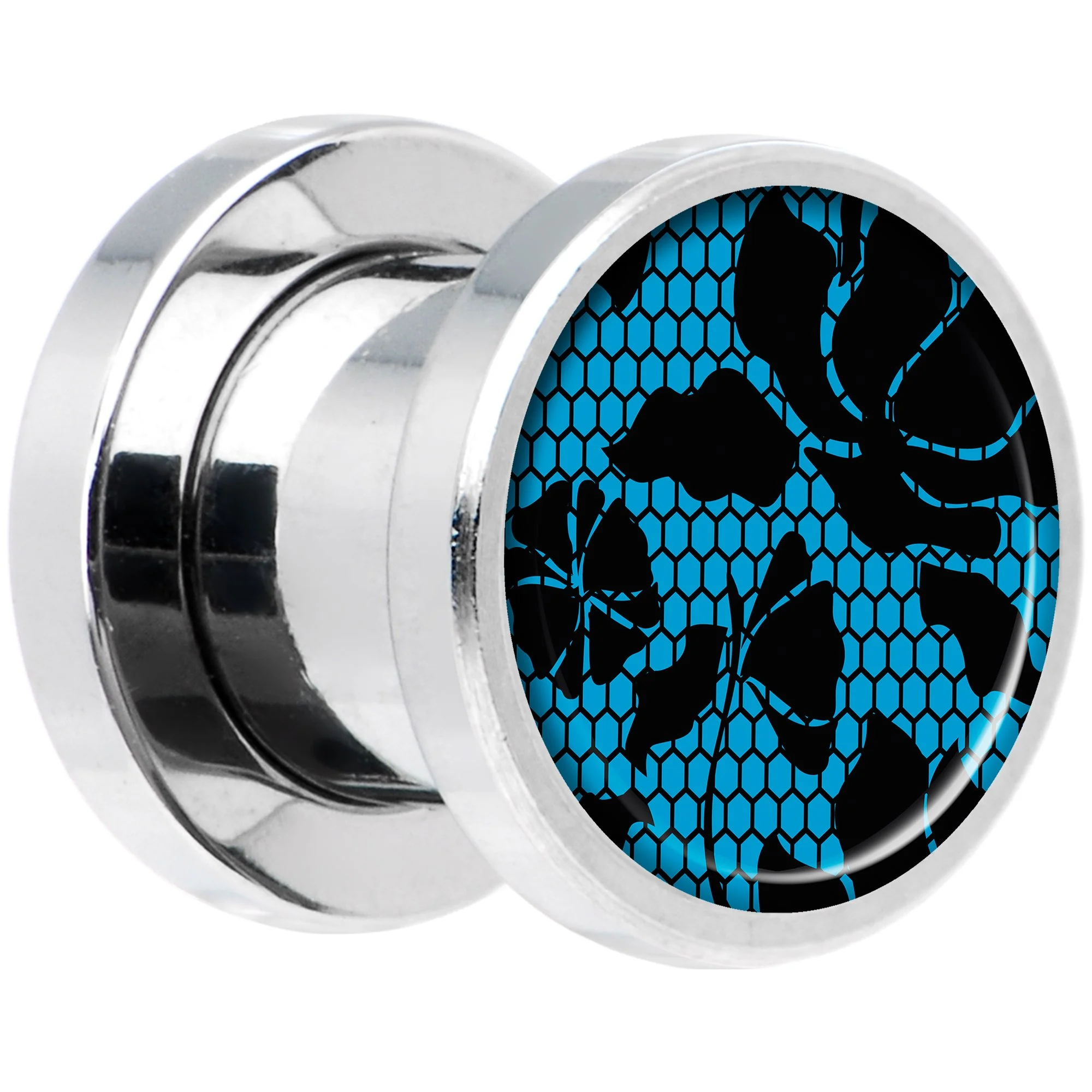Blue Floral Lace Steel Screw Fit Plug Set 0G - Image 2