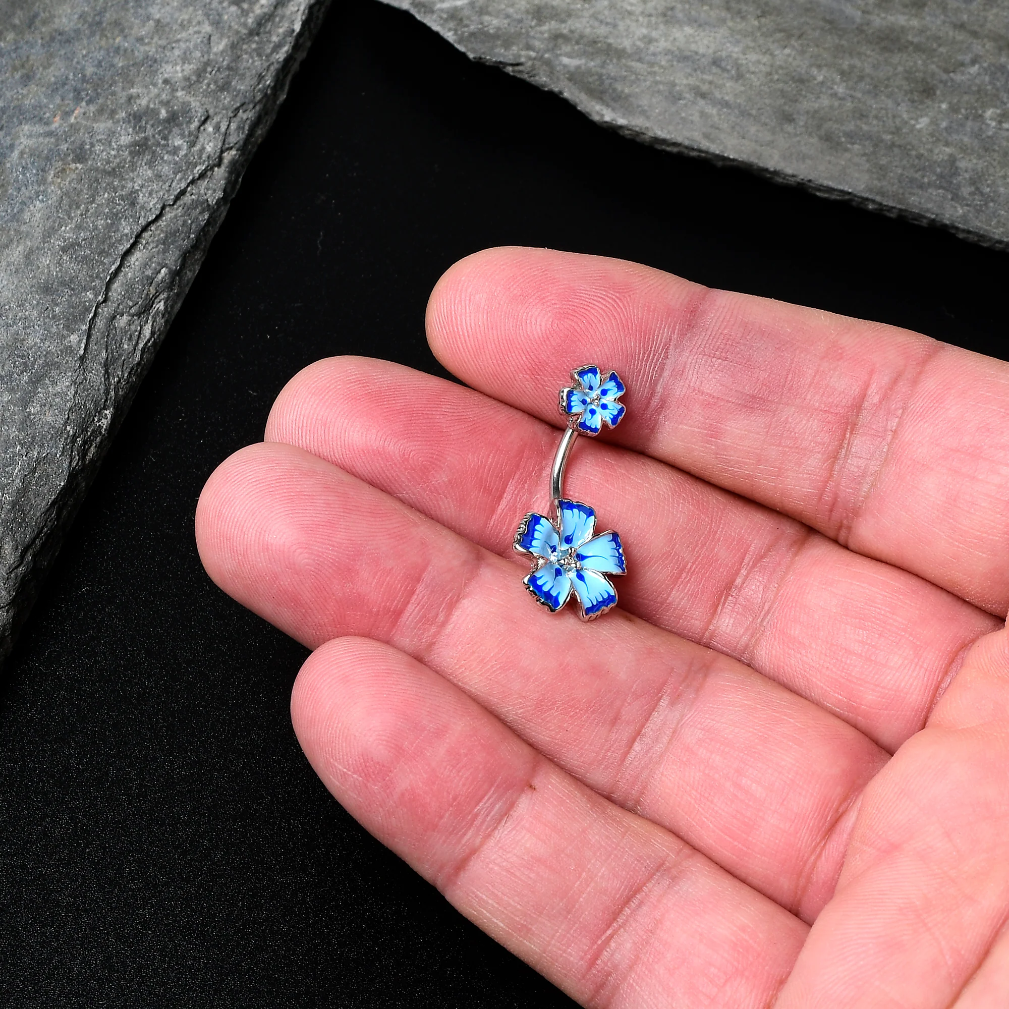 Blue Flower Textured Center Double Mount Belly Ring - Image 2