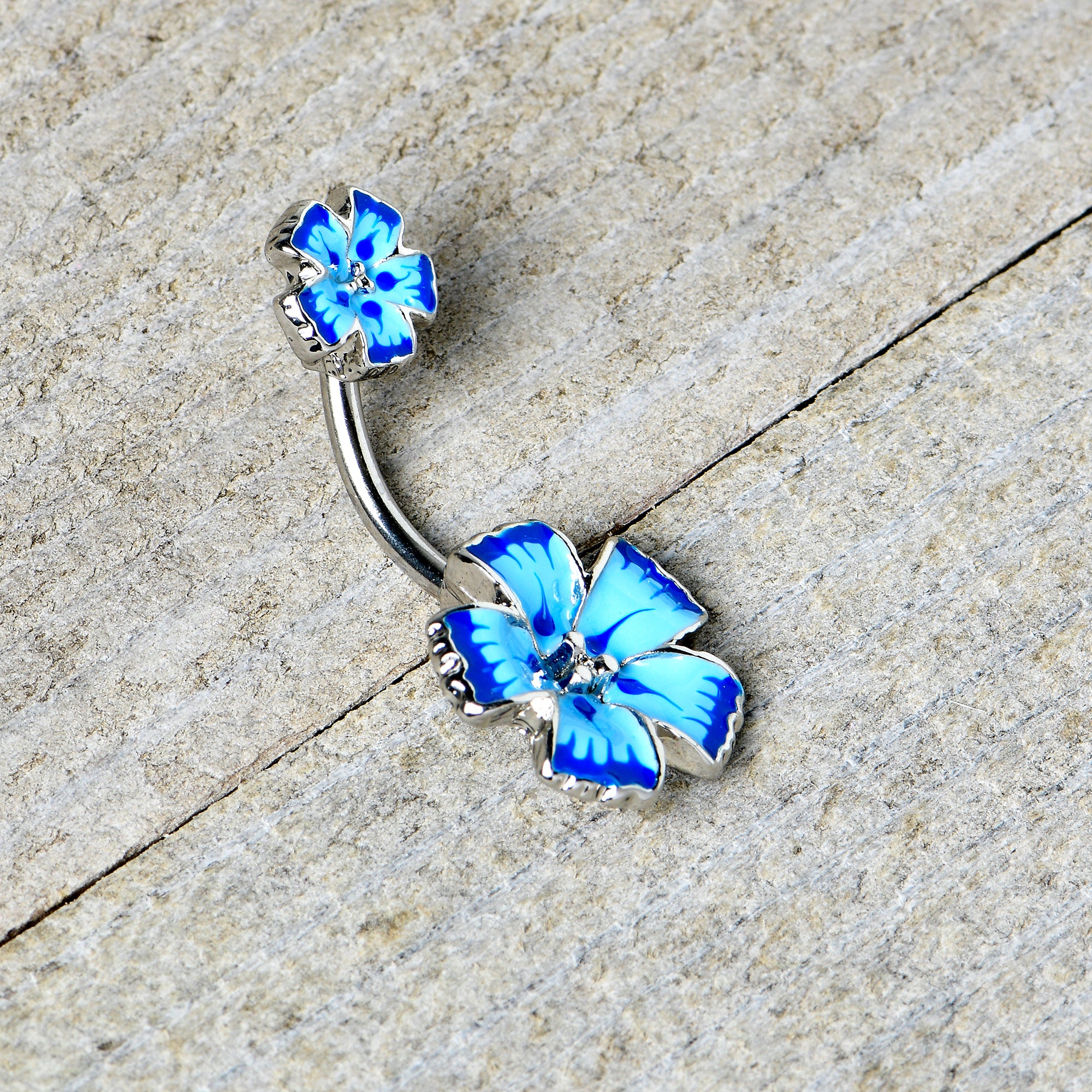 Blue Flower Textured Center Double Mount Belly Ring - Image 5