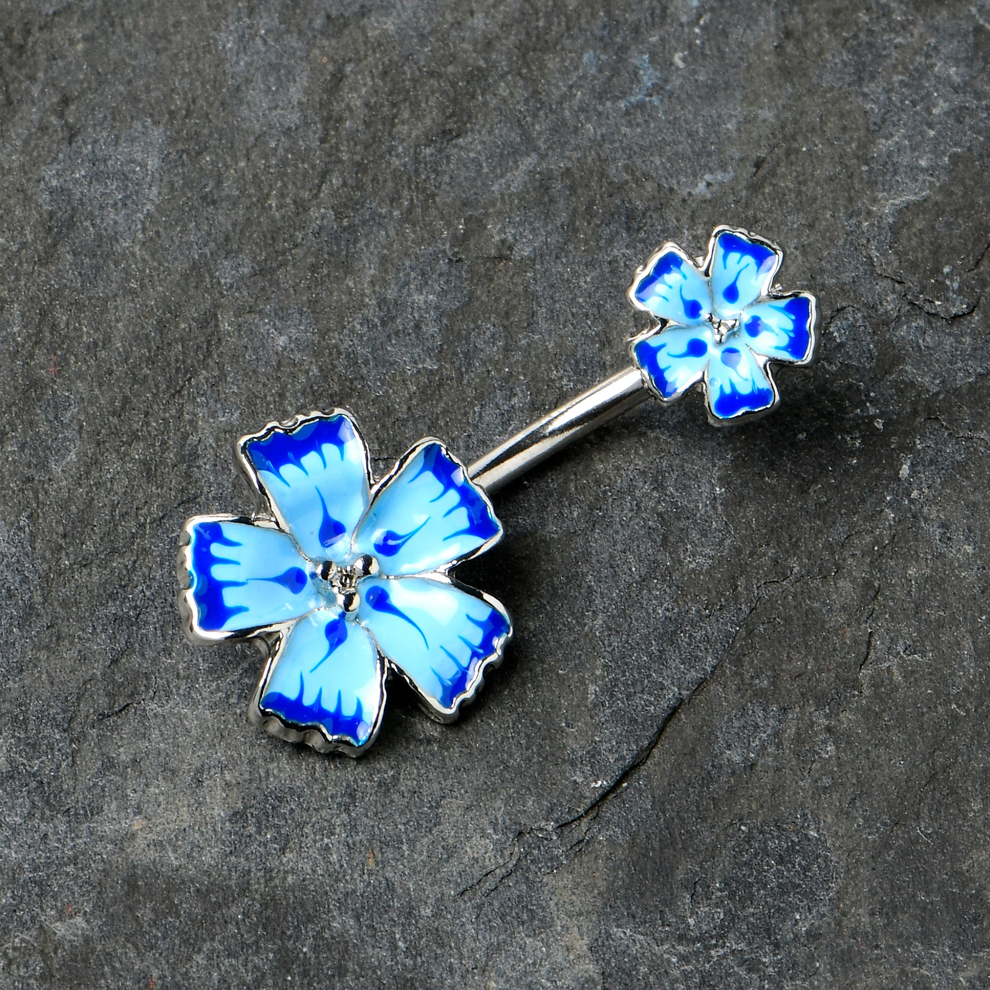 Blue Flower Textured Center Double Mount Belly Ring - Image 6