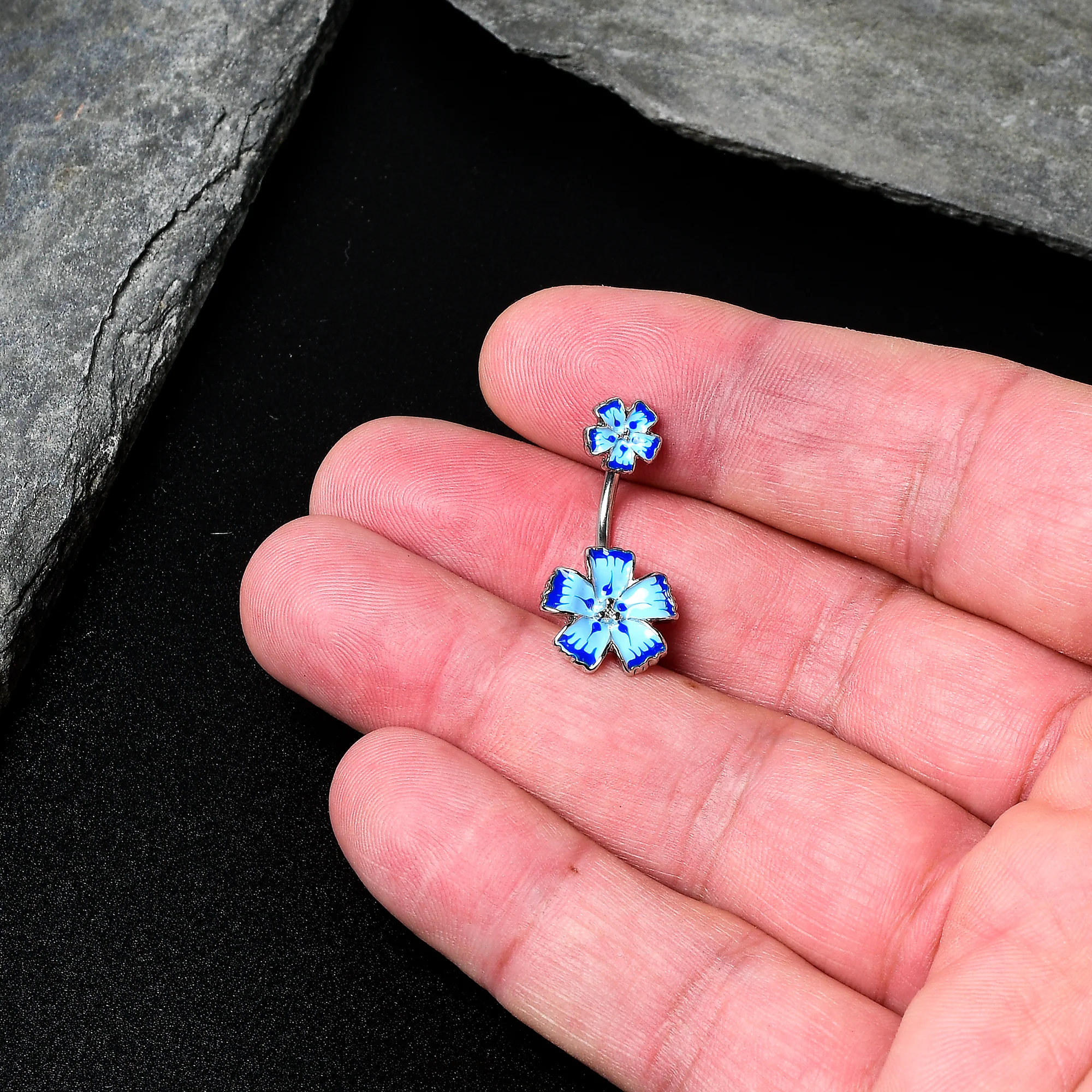 Blue Flower Textured Center Double Mount Belly Ring - Image 7