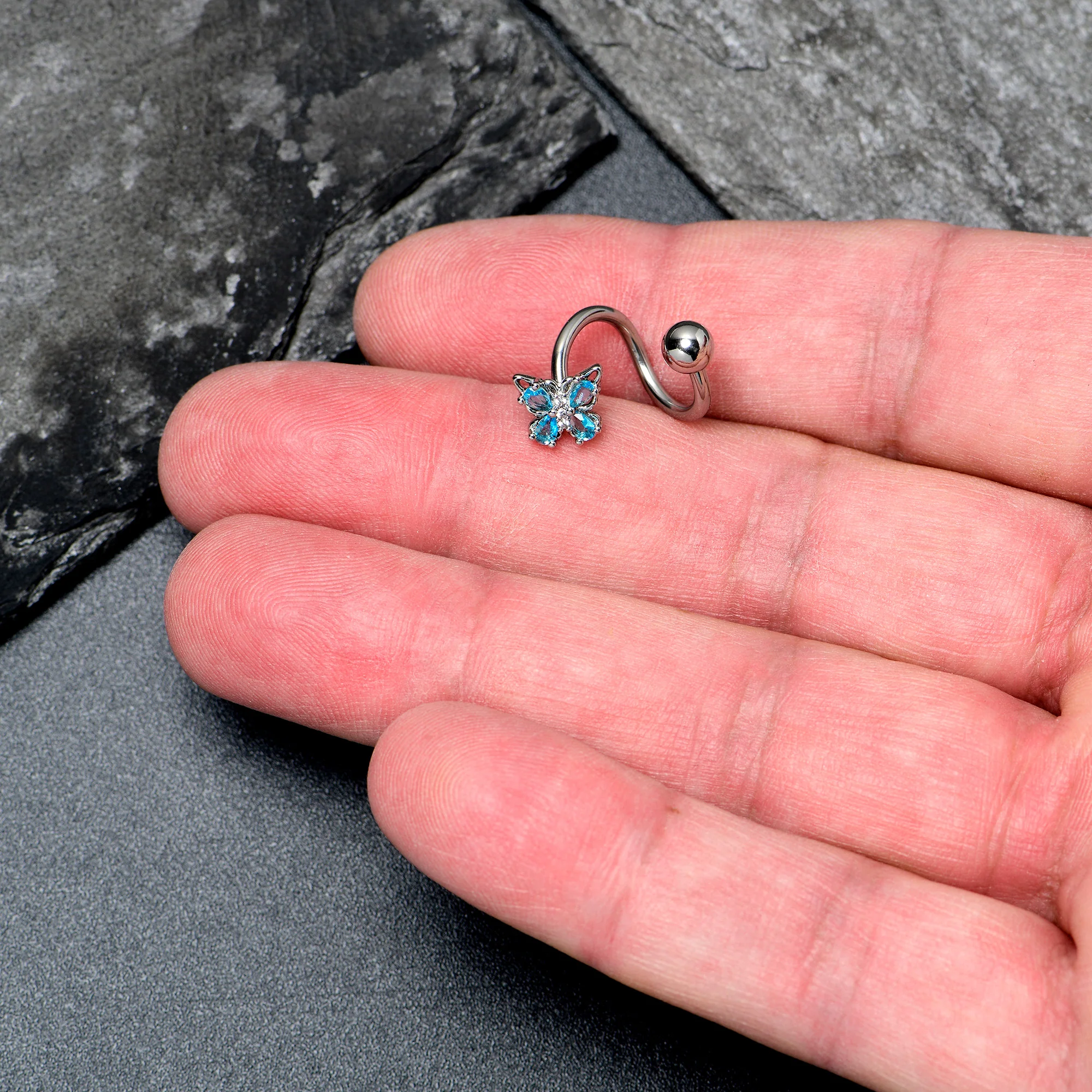 Blue Gem Baroque Beauty Butterfly Spiral Twister Belly Ring - Image 2