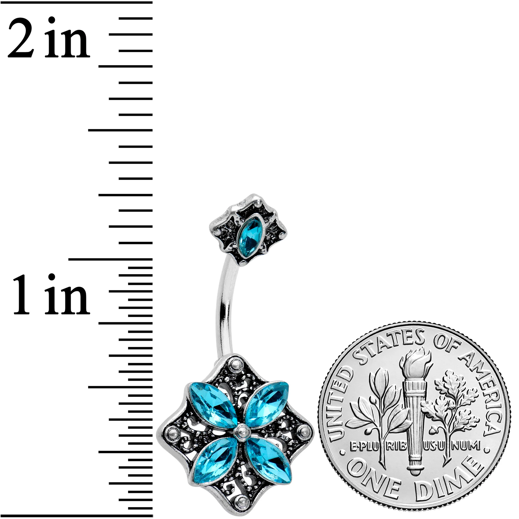 Blue Gem Baroque Rhombus Flower Double Mount Belly Ring - Image 2