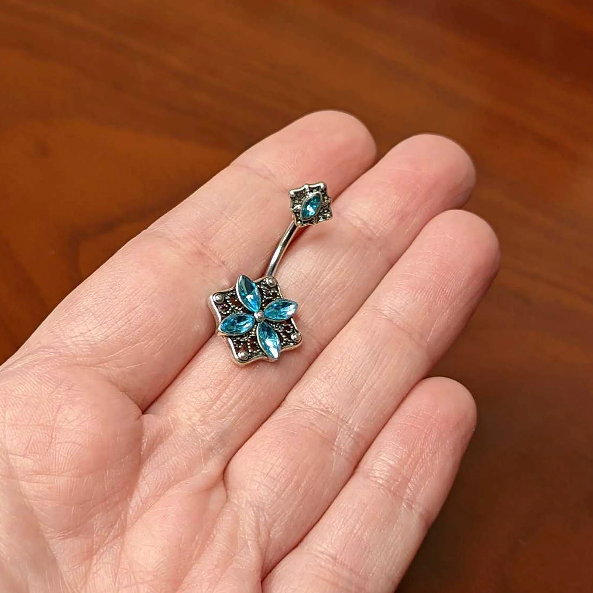 Blue Gem Baroque Rhombus Flower Double Mount Belly Ring - Image 3