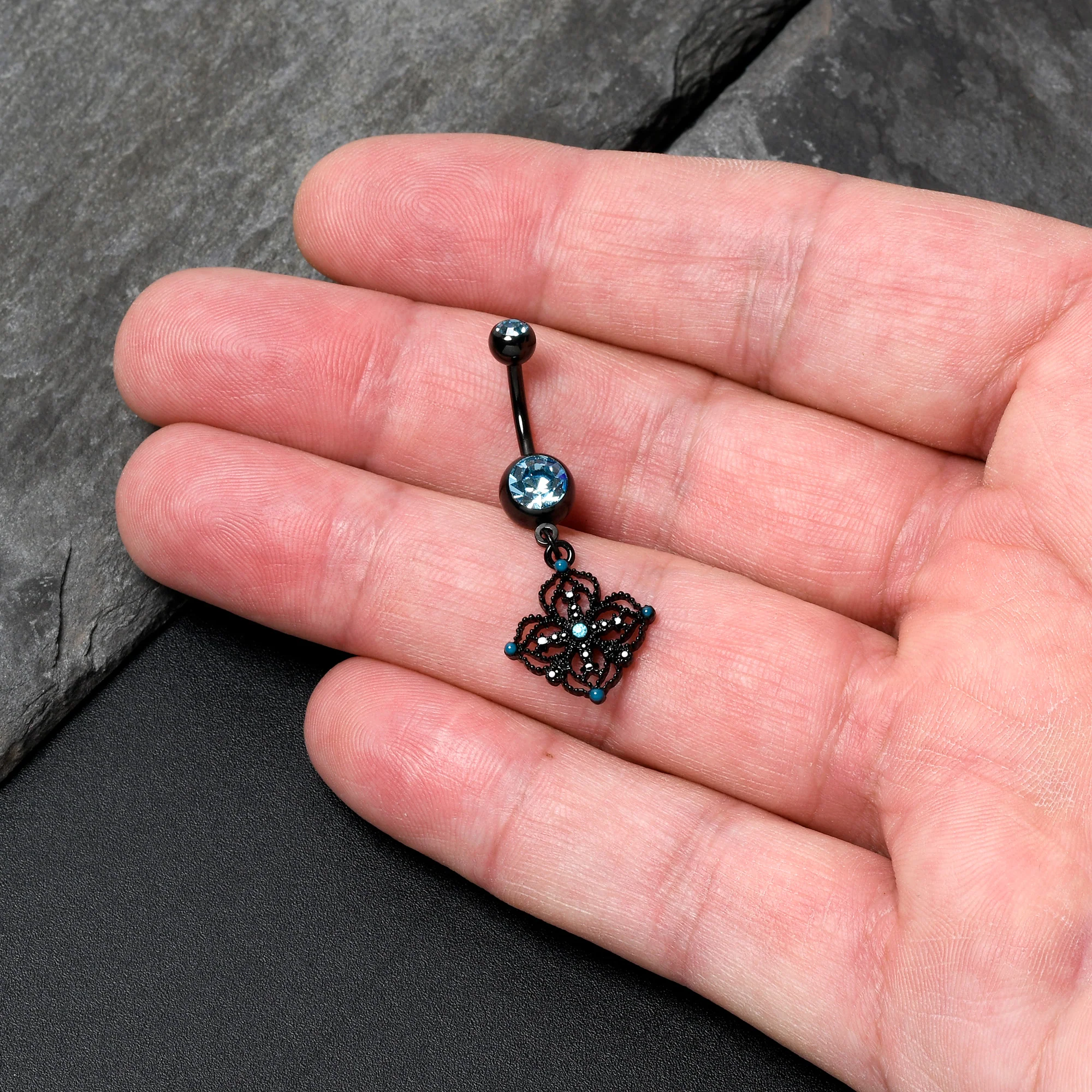 Blue Gem Black Lacy Rhombus Dangle Belly Ring - Image 2