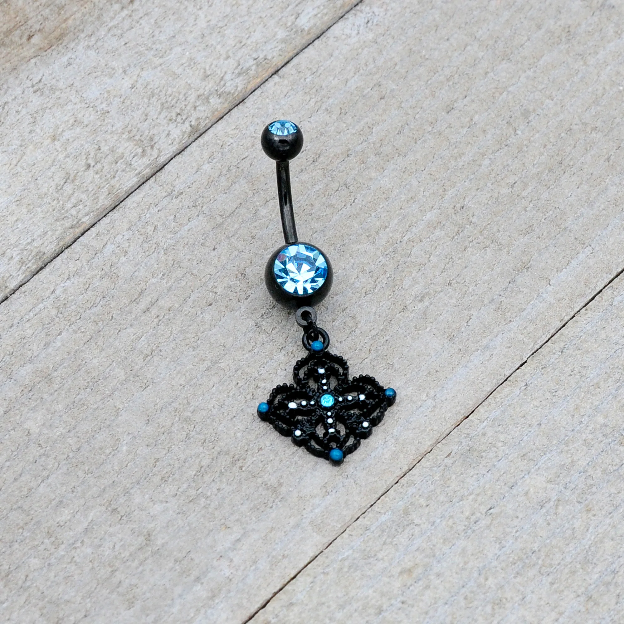 Blue Gem Black Lacy Rhombus Dangle Belly Ring - Image 3