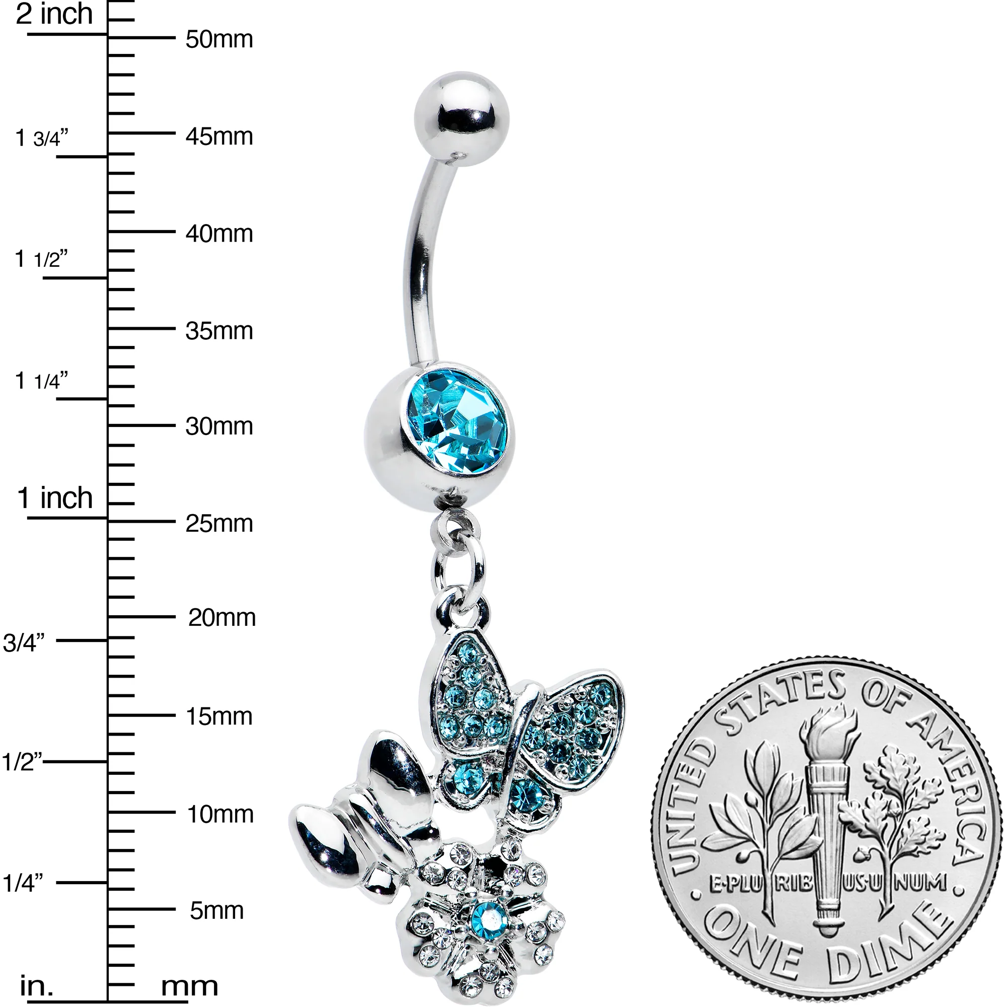Blue Gem Butterflies Tiny Flower Dangle Belly Ring - Image 3