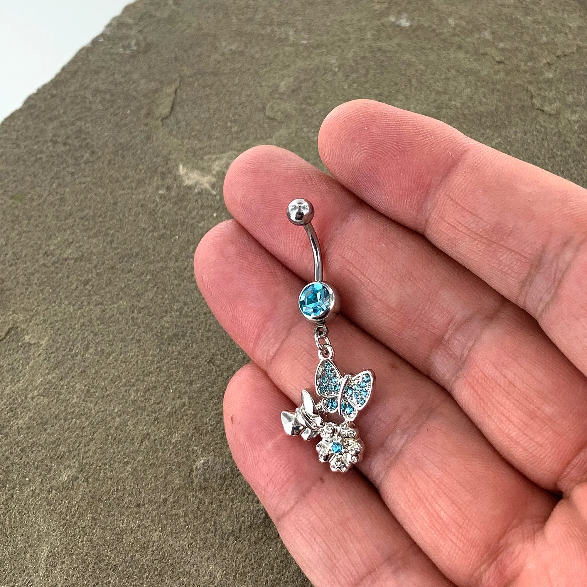 Blue Gem Butterflies Tiny Flower Dangle Belly Ring - Image 4