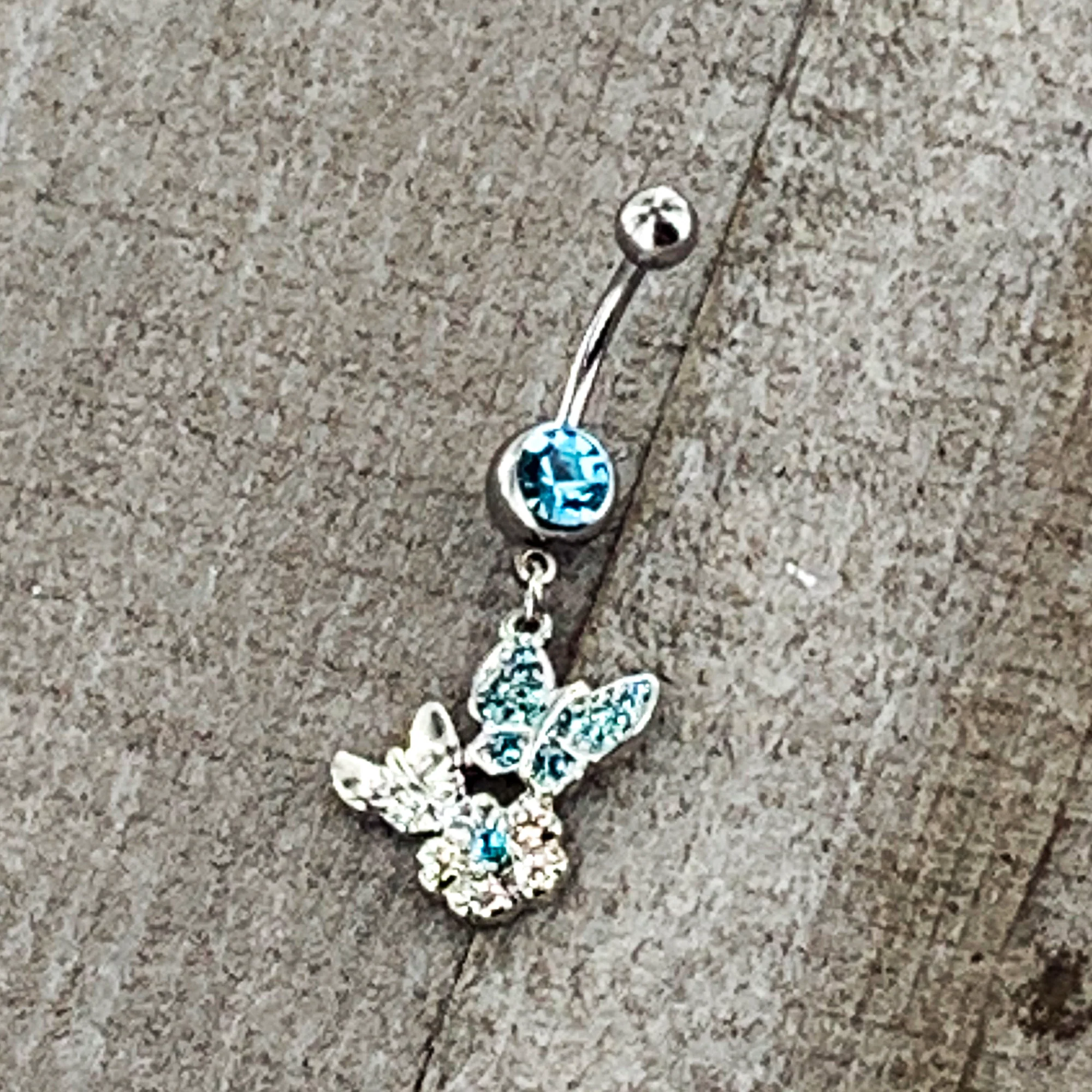 Blue Gem Butterflies Tiny Flower Dangle Belly Ring - Image 5