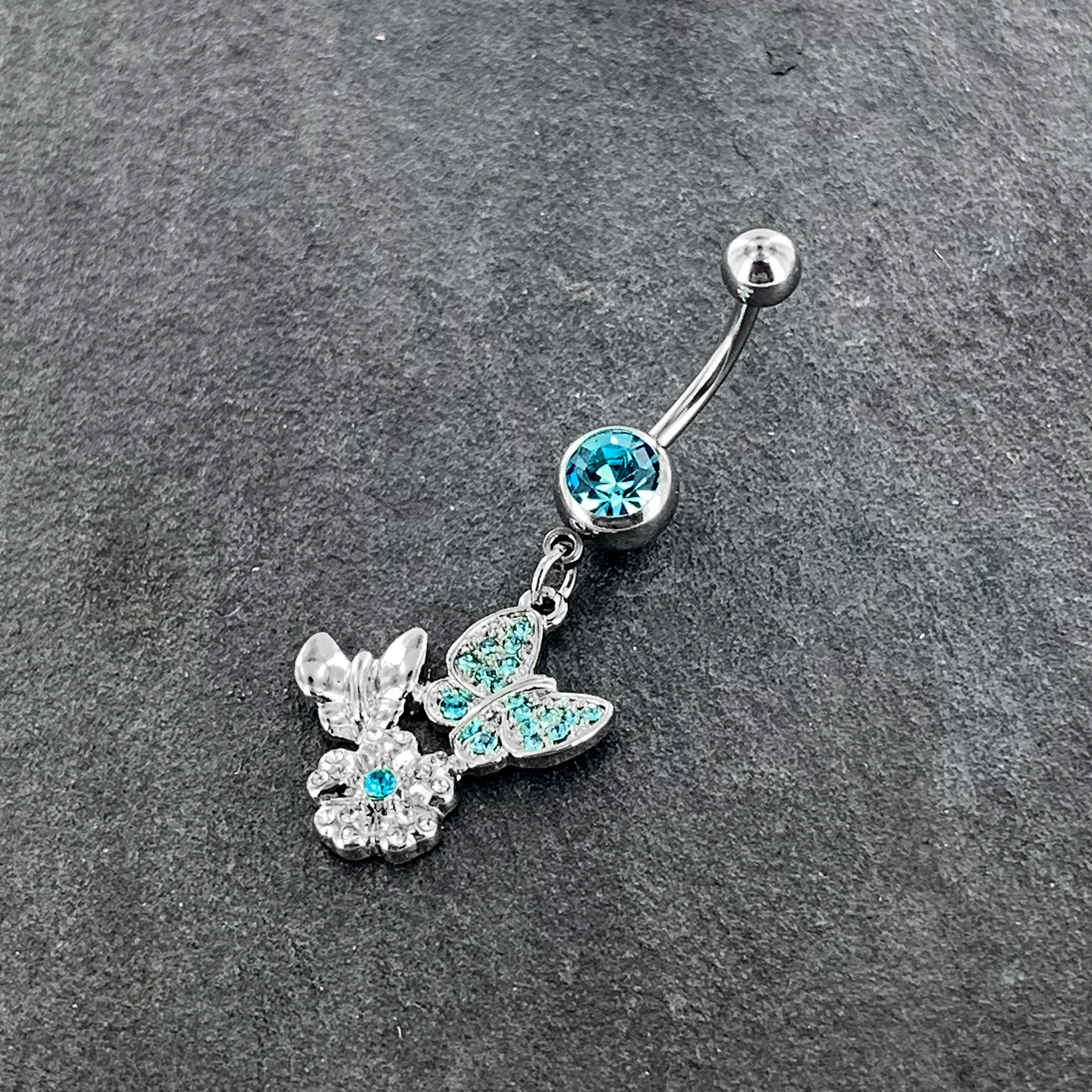 Blue Gem Butterflies Tiny Flower Dangle Belly Ring - Image 6