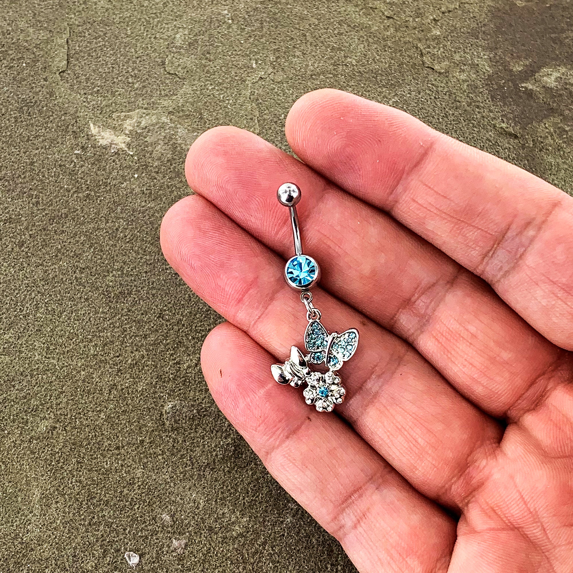 Blue Gem Butterflies Tiny Flower Dangle Belly Ring - Image 8