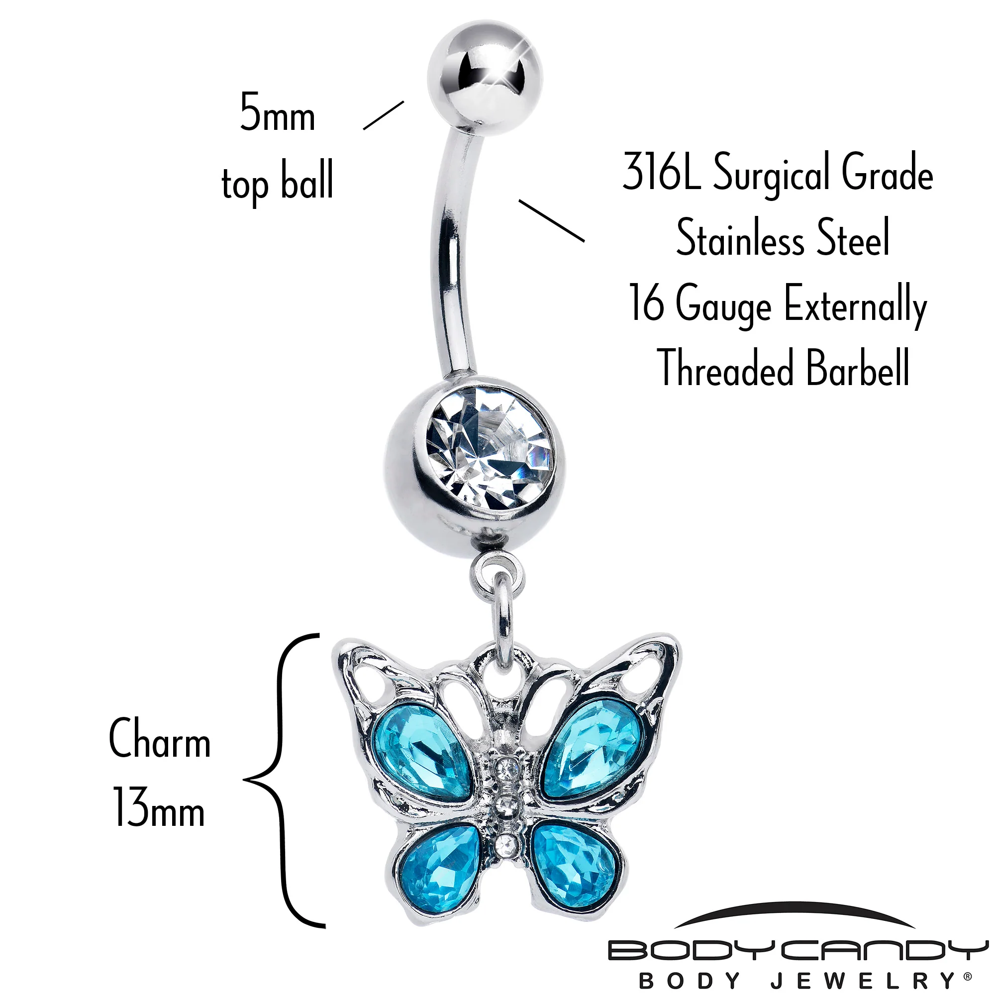 Blue Gem Butterfly Beauty Bling Dangle Belly Ring - Image 2