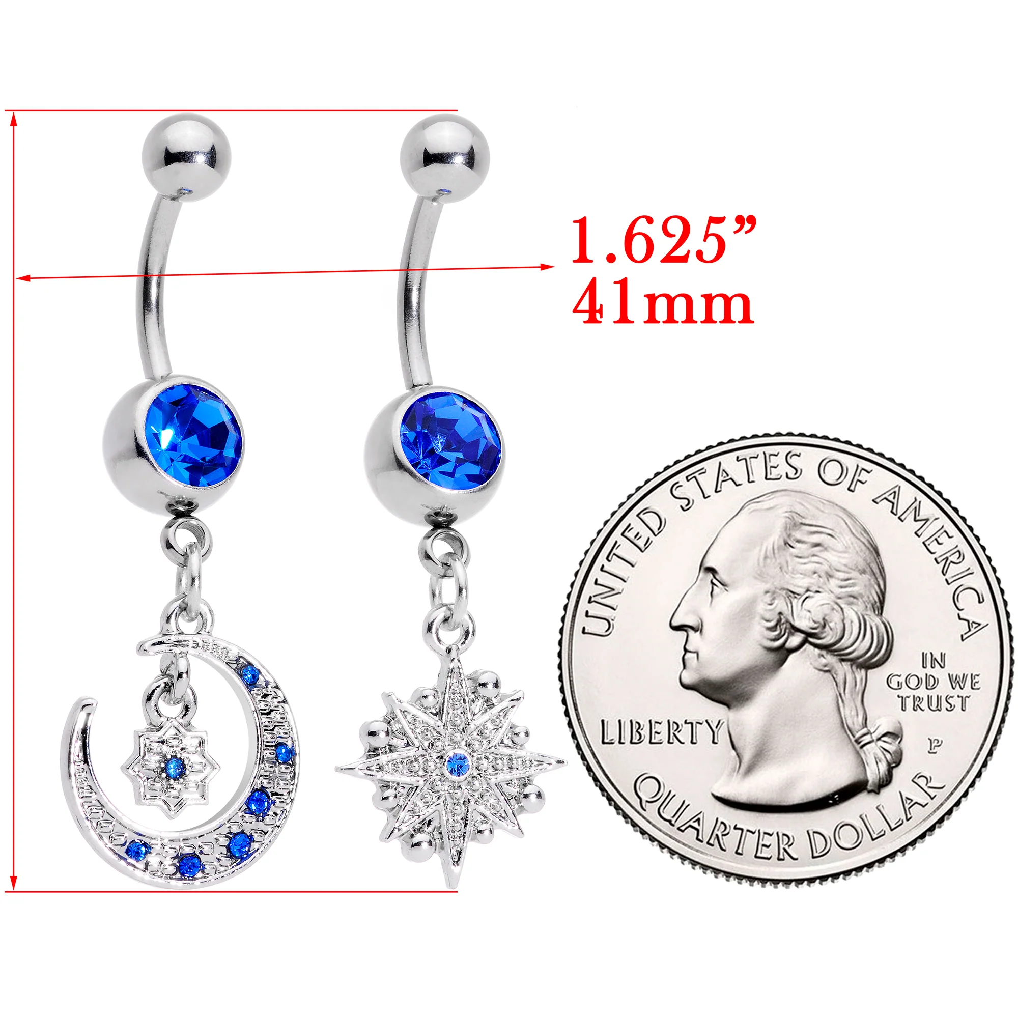 Blue Gem Compass Star Crescent Moon Dangle Belly Ring Set of 2 - Image 2