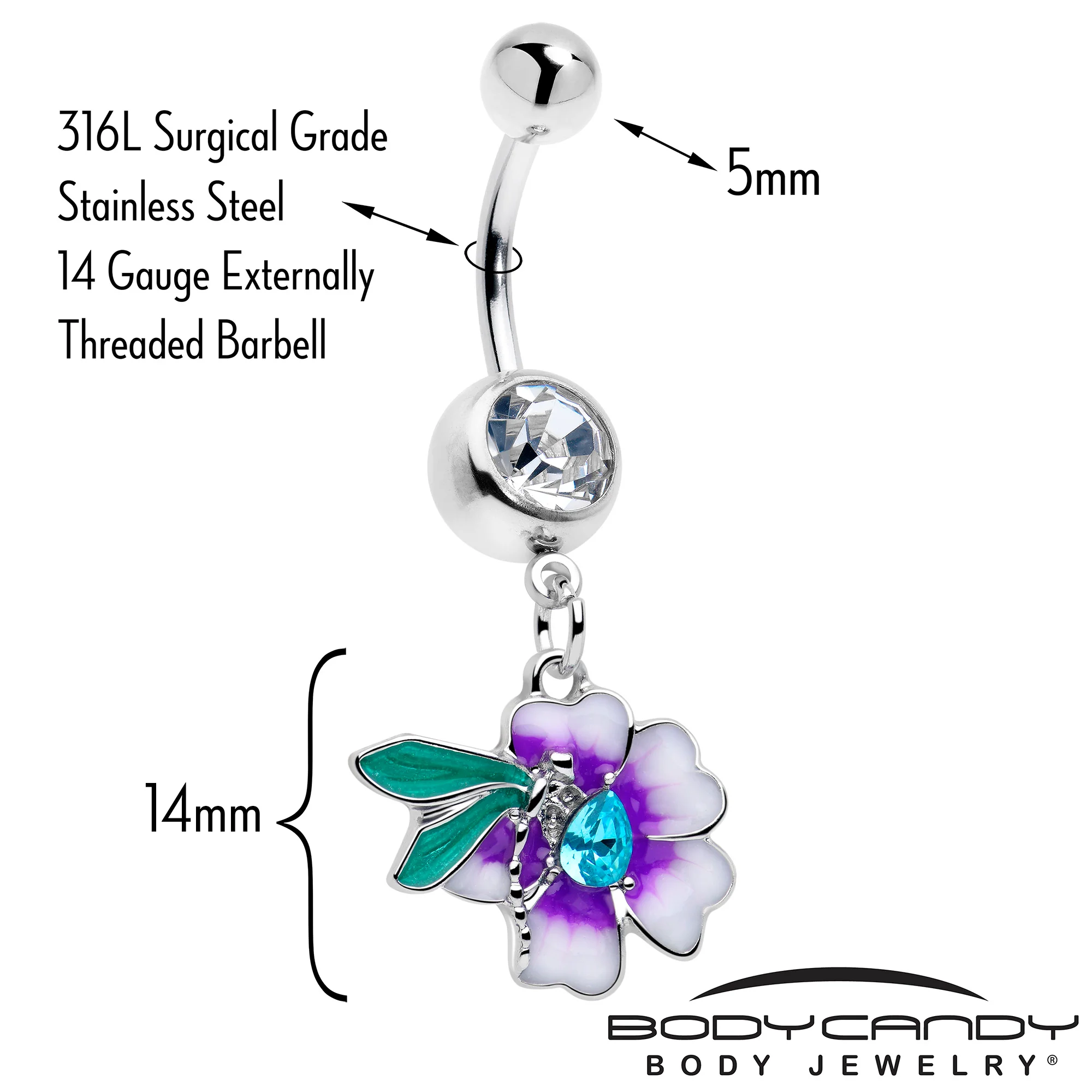 Blue Gem Faerie Flower Purple Dangle Belly Ring - Image 2
