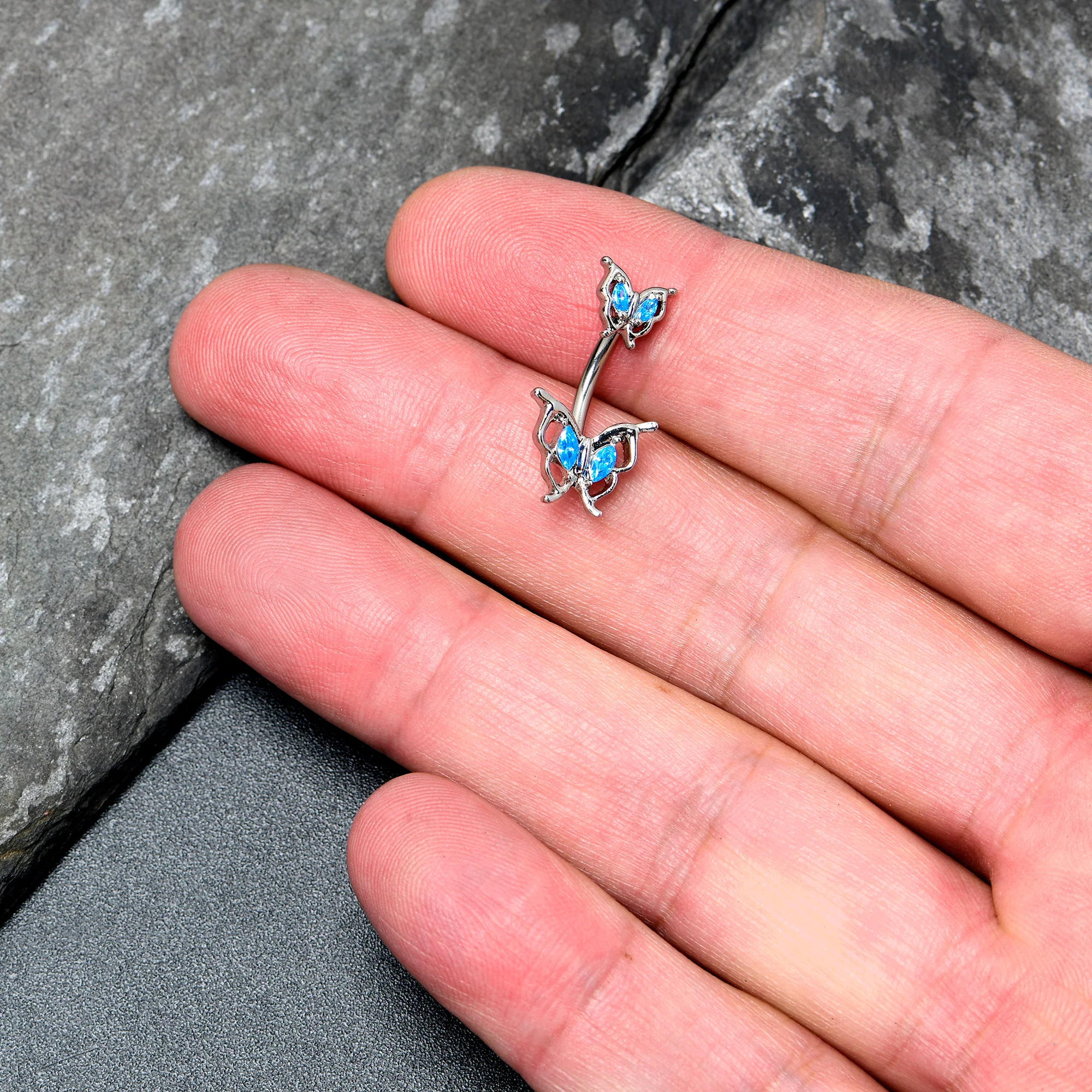 Blue Gem Fancy Fab Butterfly Double Mount Belly Ring - Image 2