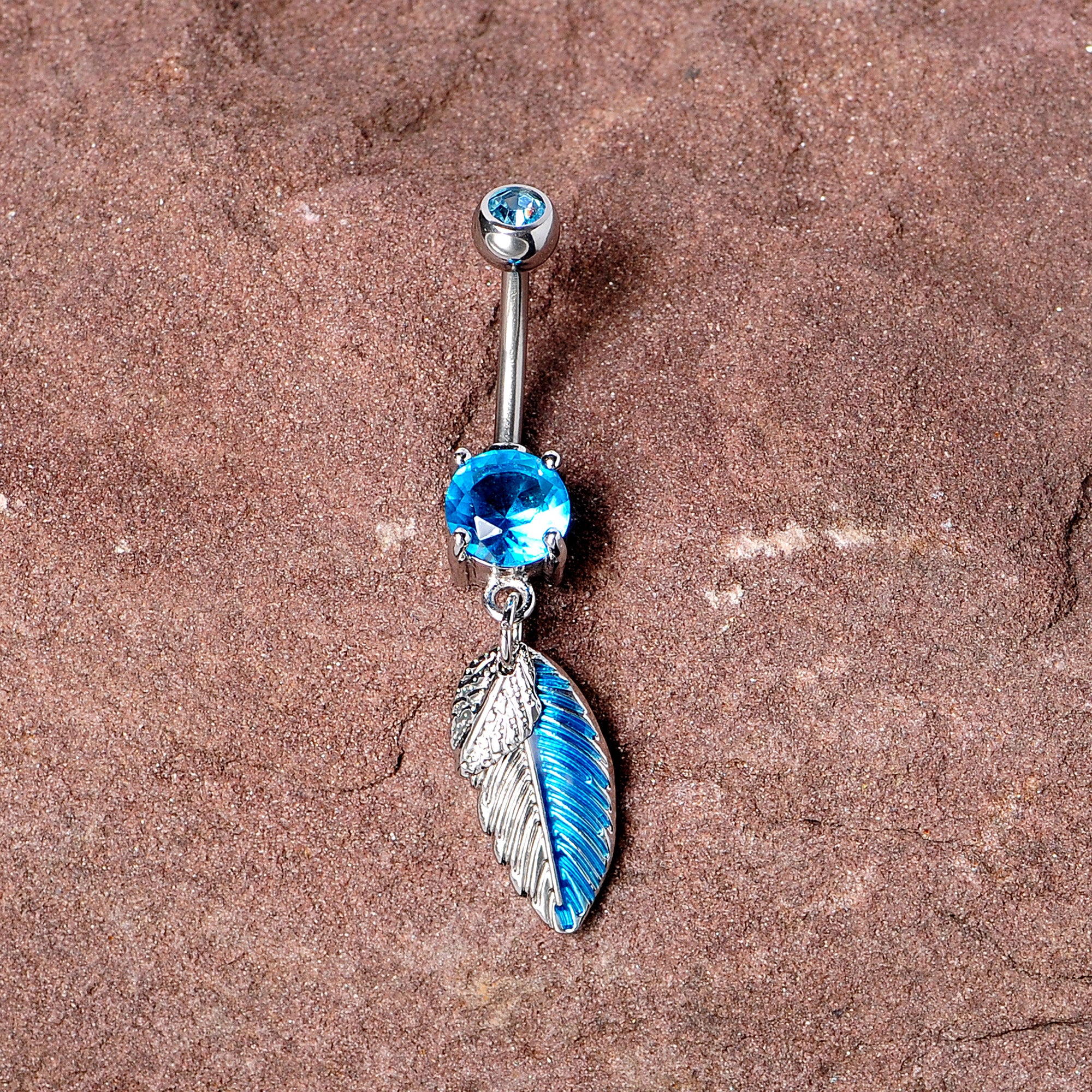 Blue Gem Feathers Southwestern Dangle Belly Ring - Image 2