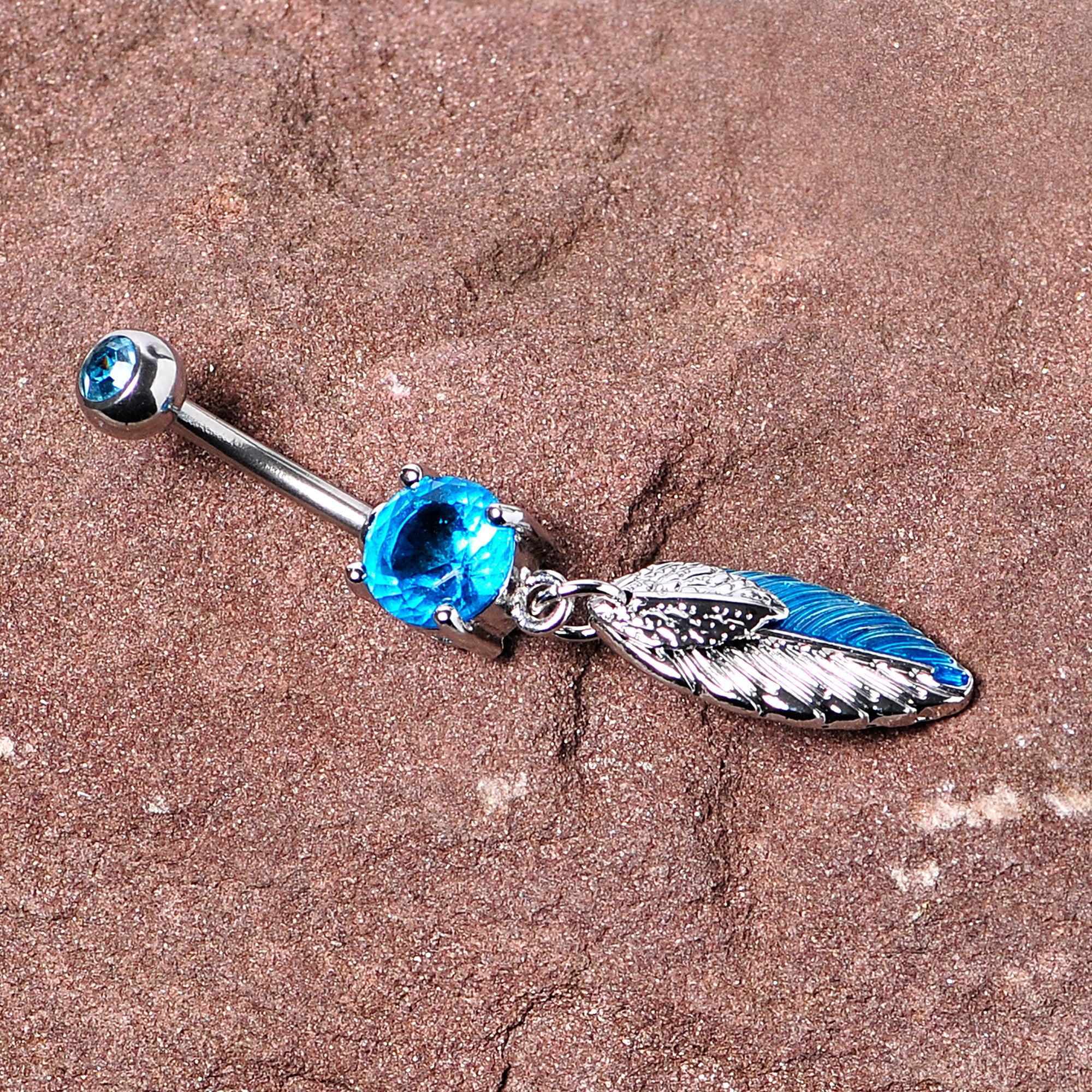 Blue Gem Feathers Southwestern Dangle Belly Ring - Image 3