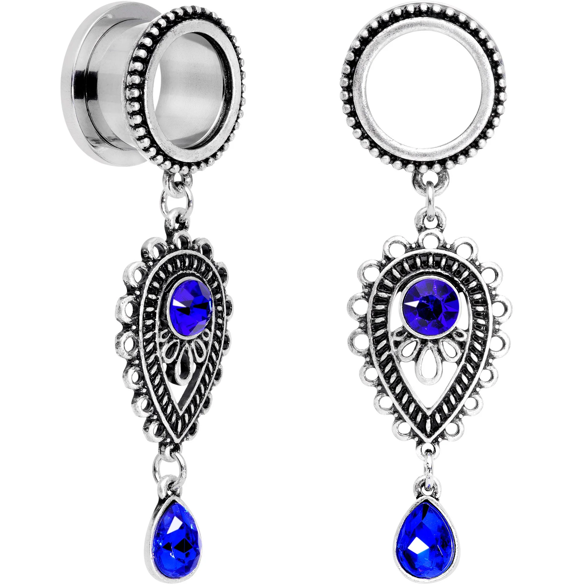Blue Gem Filigree Drop Dangle Screw Fit Tunnel Plug Set 6mm to 16mm - Image 2
