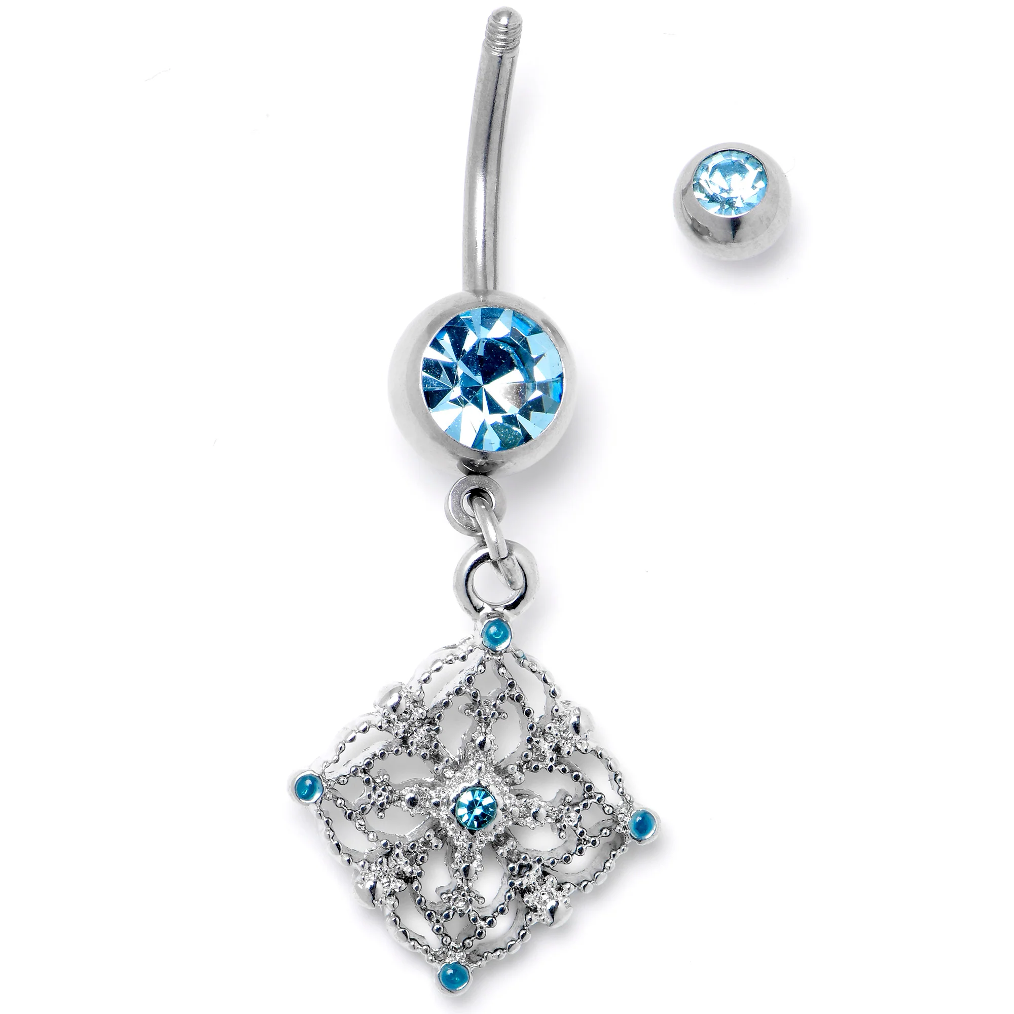 Blue Gem Filigree Rhombus Dangle Belly Ring - Image 2