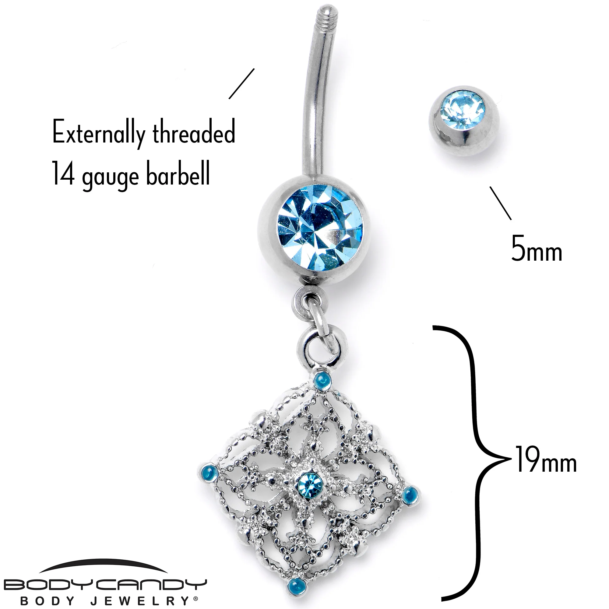 Blue Gem Filigree Rhombus Dangle Belly Ring - Image 3