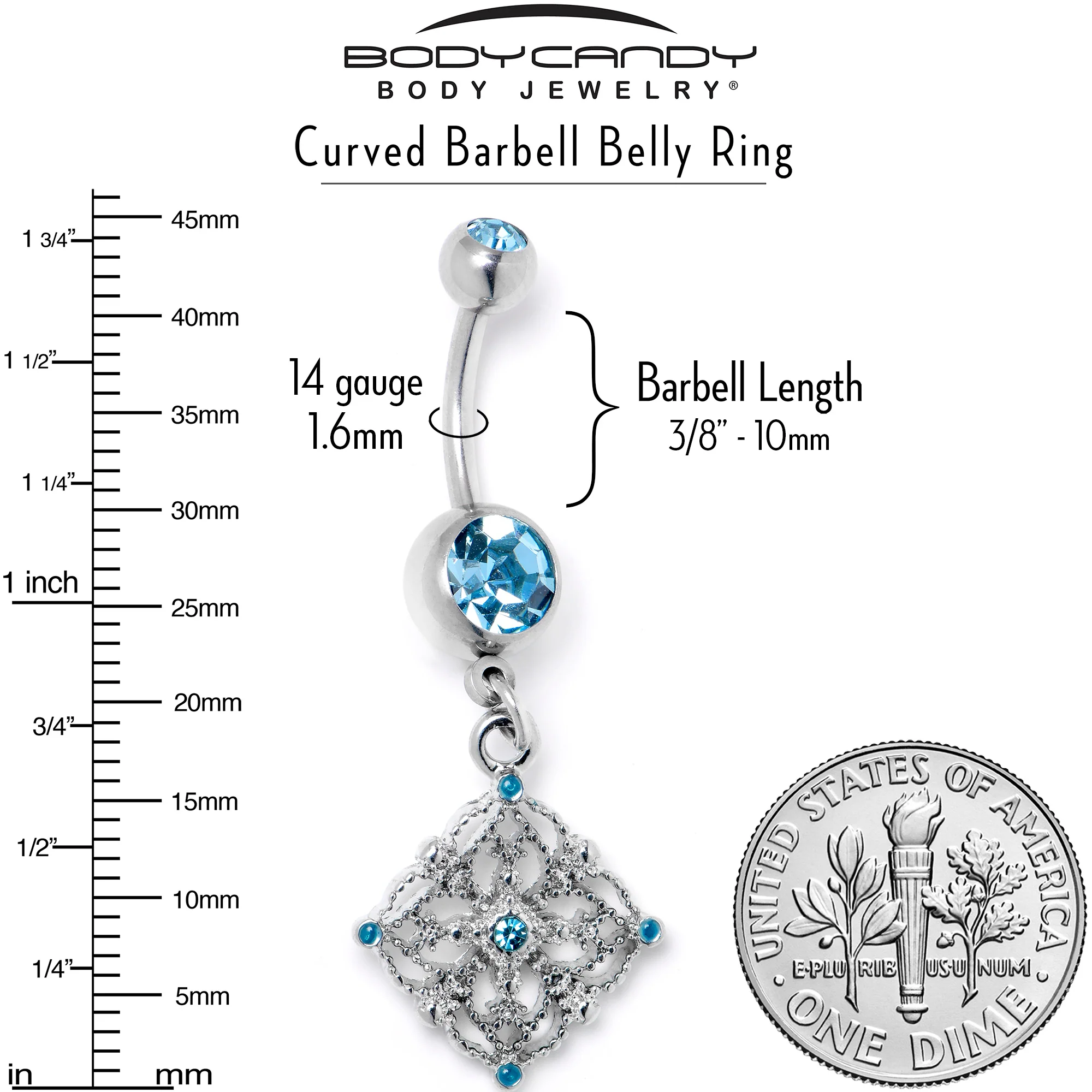 Blue Gem Filigree Rhombus Dangle Belly Ring - Image 4