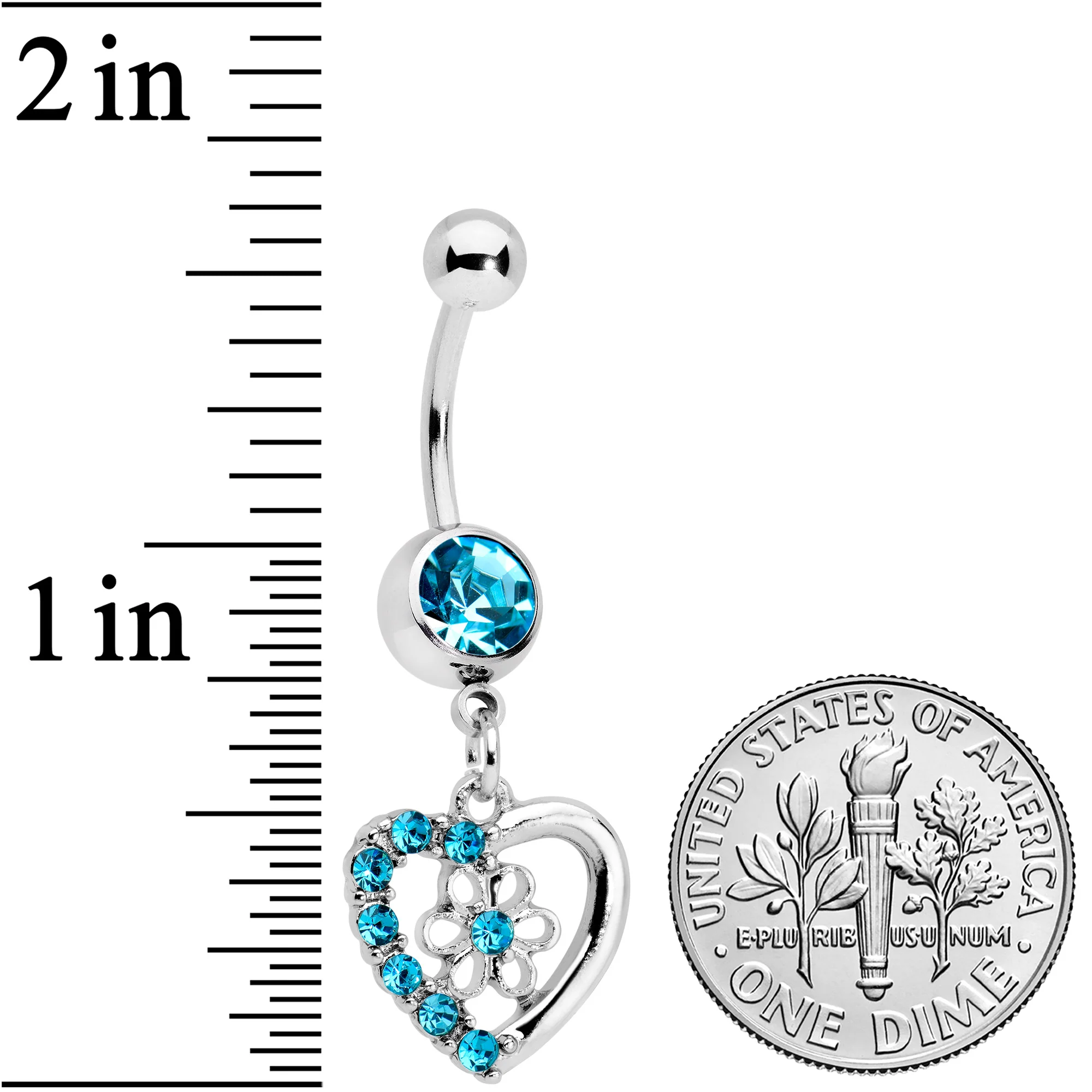 Blue Gem Floral Hollow Heart Valentines Day Dangle Belly Ring - Image 2