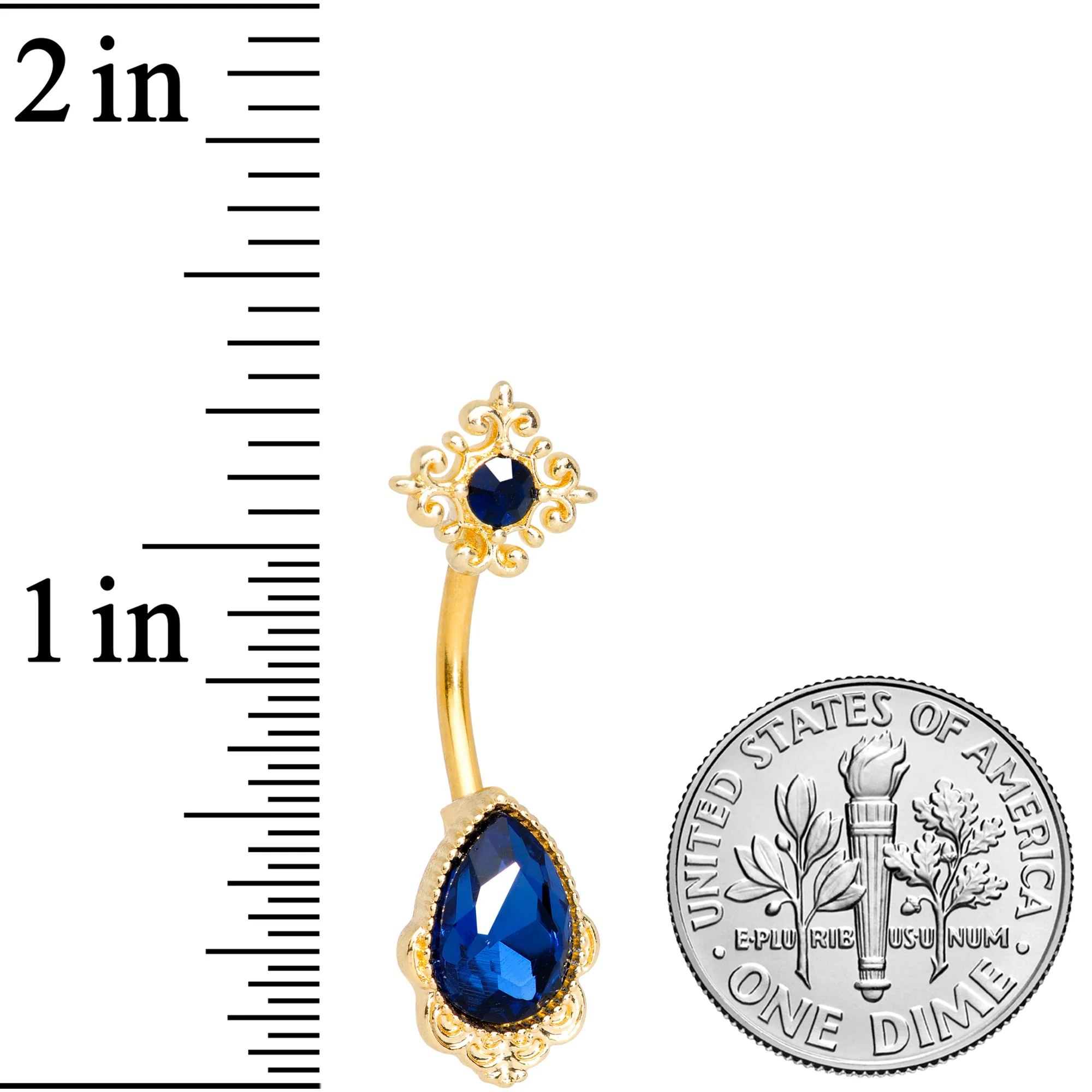 Blue Gem Gold Tone Noble Drop Double Mount Belly Ring - Image 2