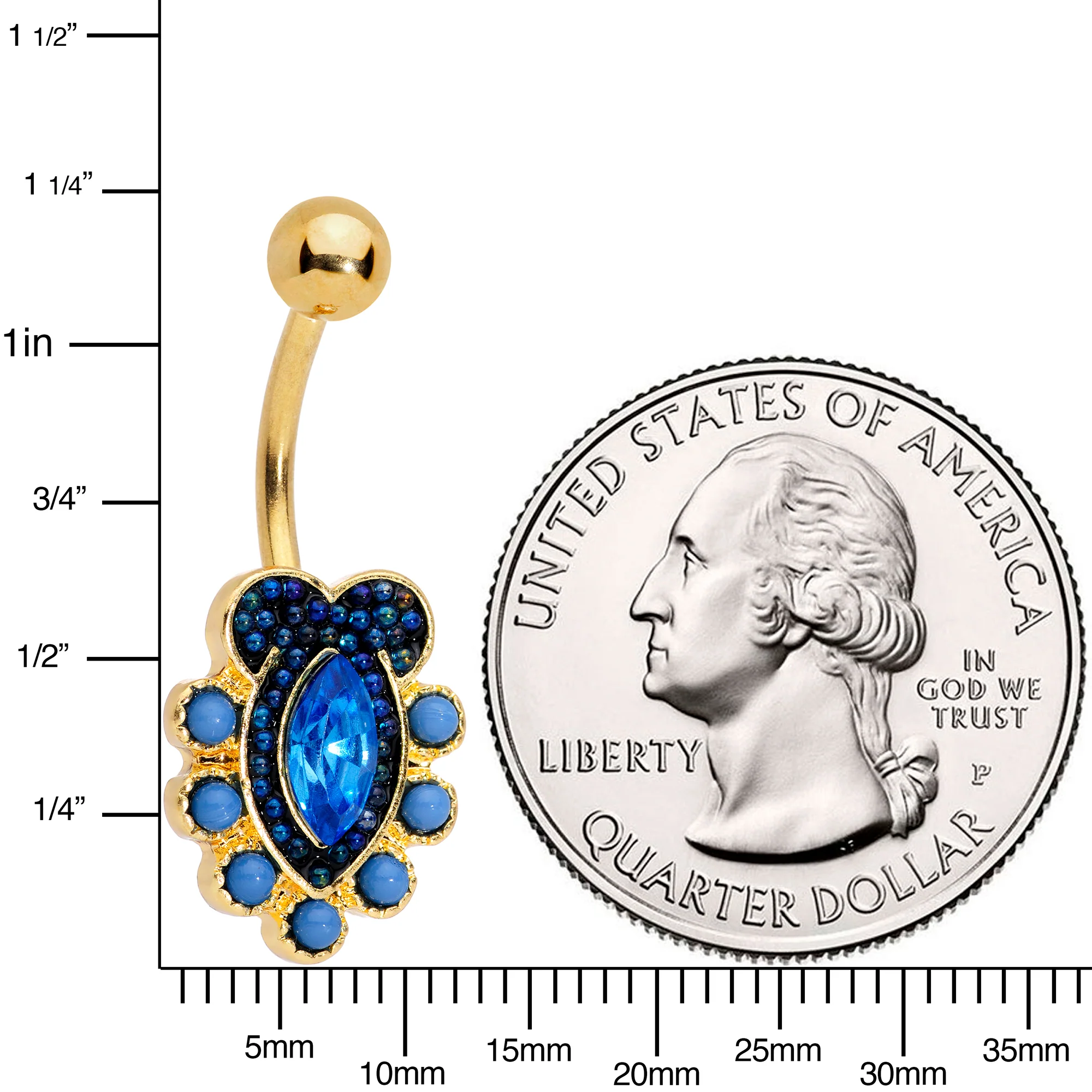 Blue Gem Gold Tone Opulent Oval Belly Ring - Image 2