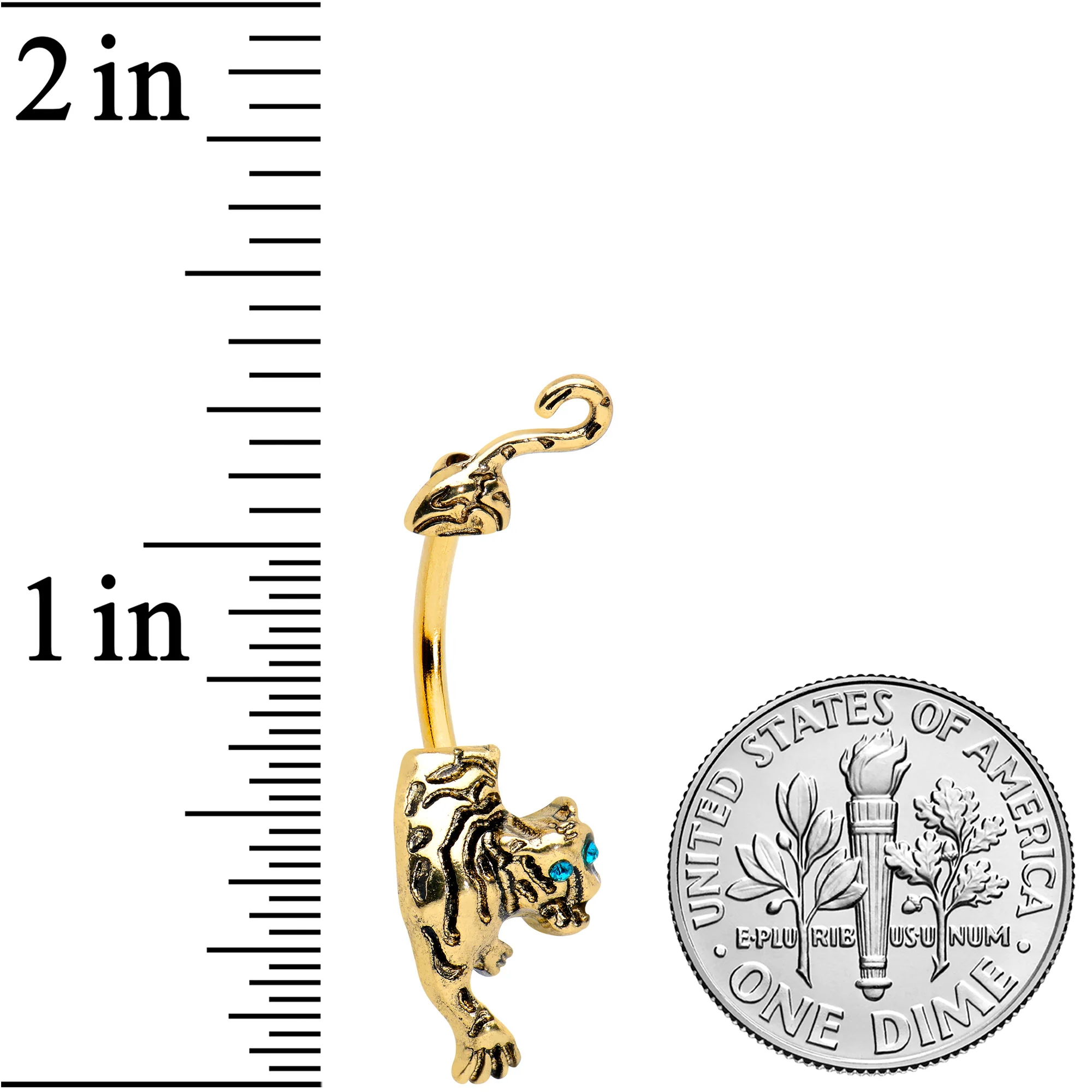 Blue Gem Gold Tone Prowling Tiger Double Mount Belly Ring - Image 2