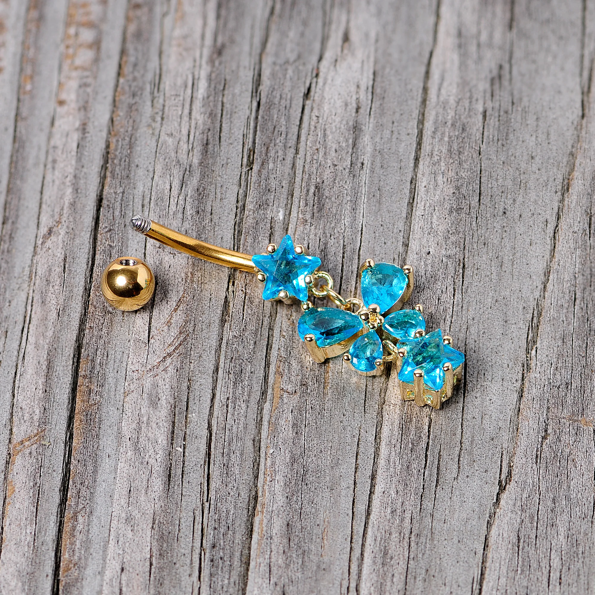 Blue Gem Gold Tone Star and Bow Dangle Belly Ring - Image 4
