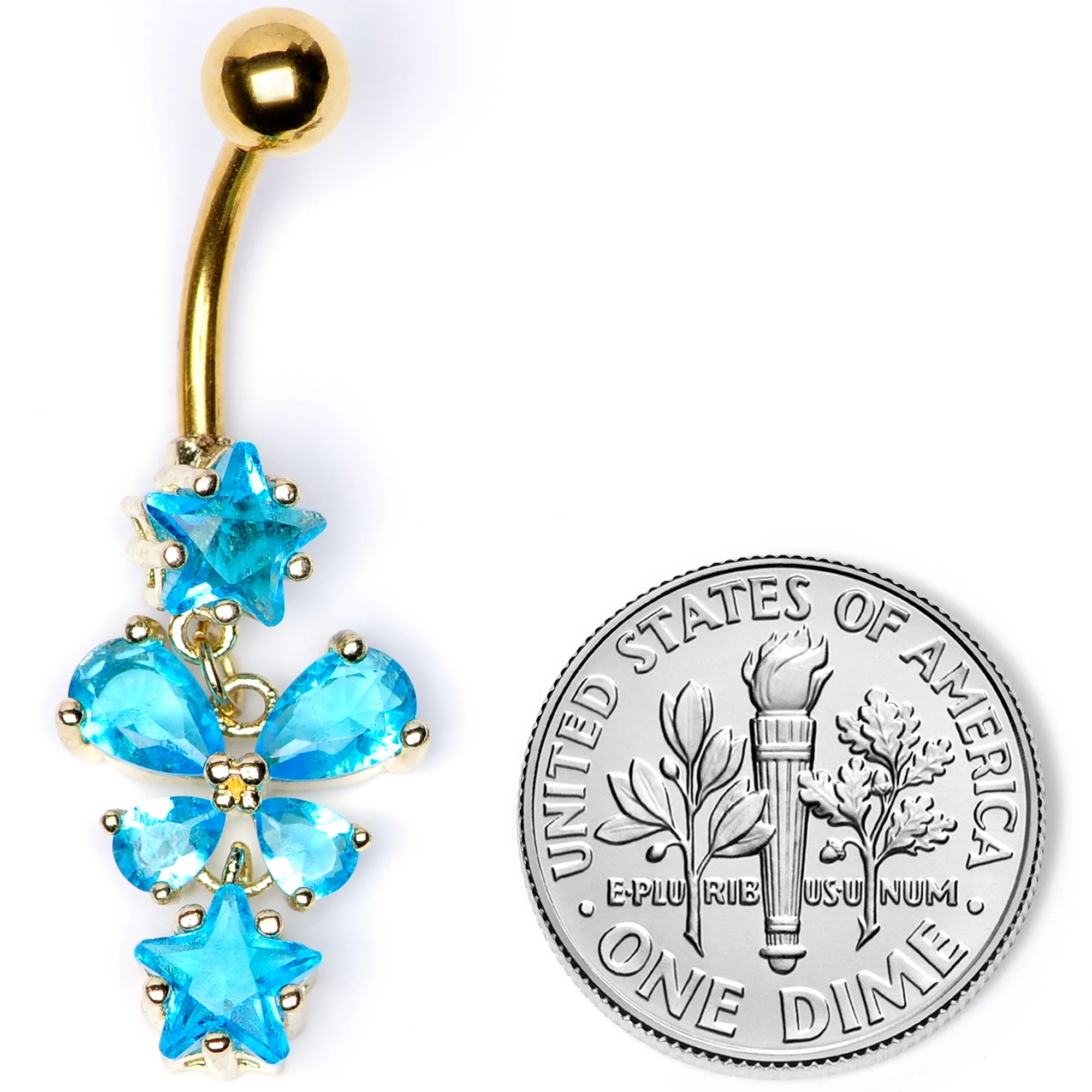 Blue Gem Gold Tone Star and Bow Dangle Belly Ring - Image 5