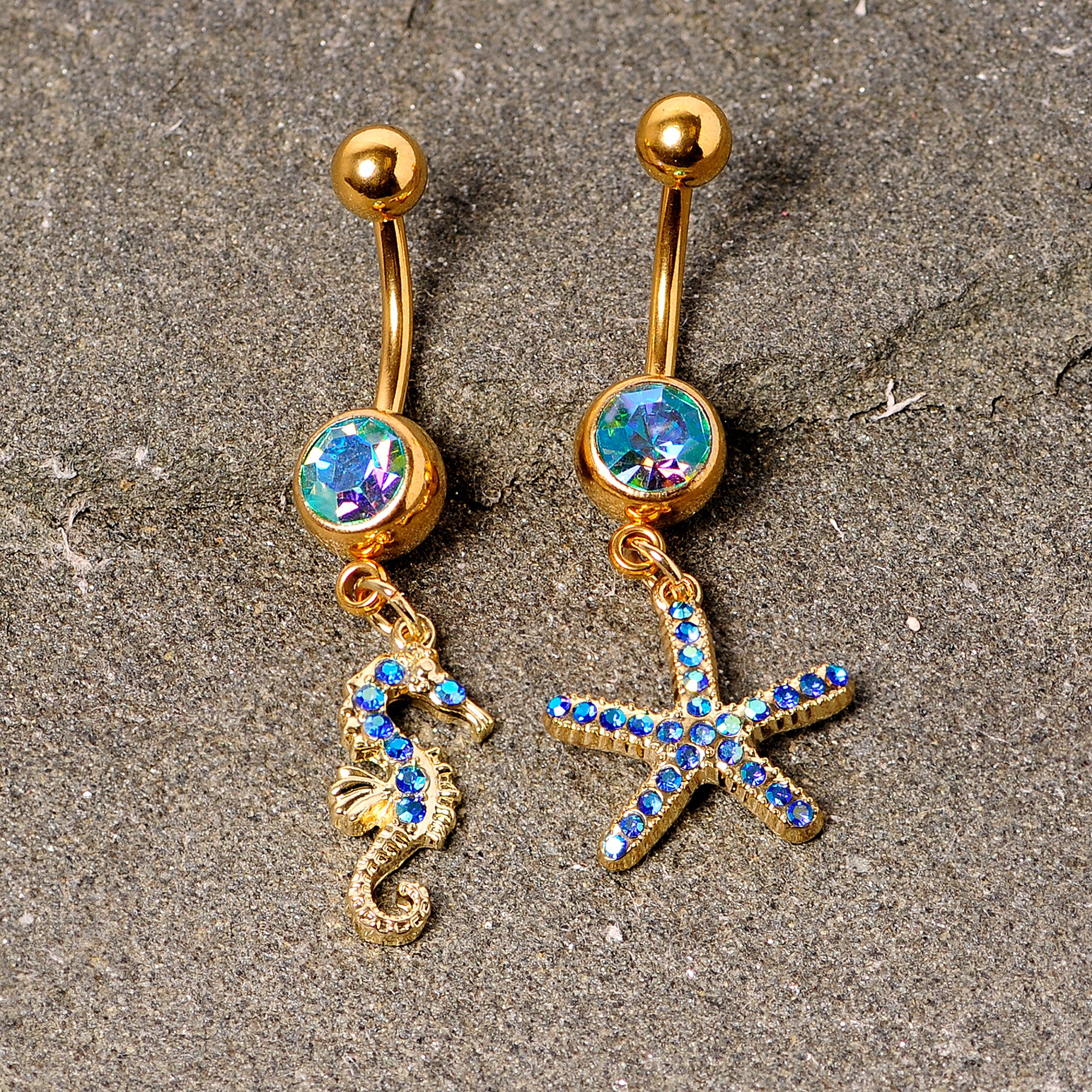 Blue Gem Gold Tone Starfish Seahorse Nautical Belly Ring Set of 2 - Image 4
