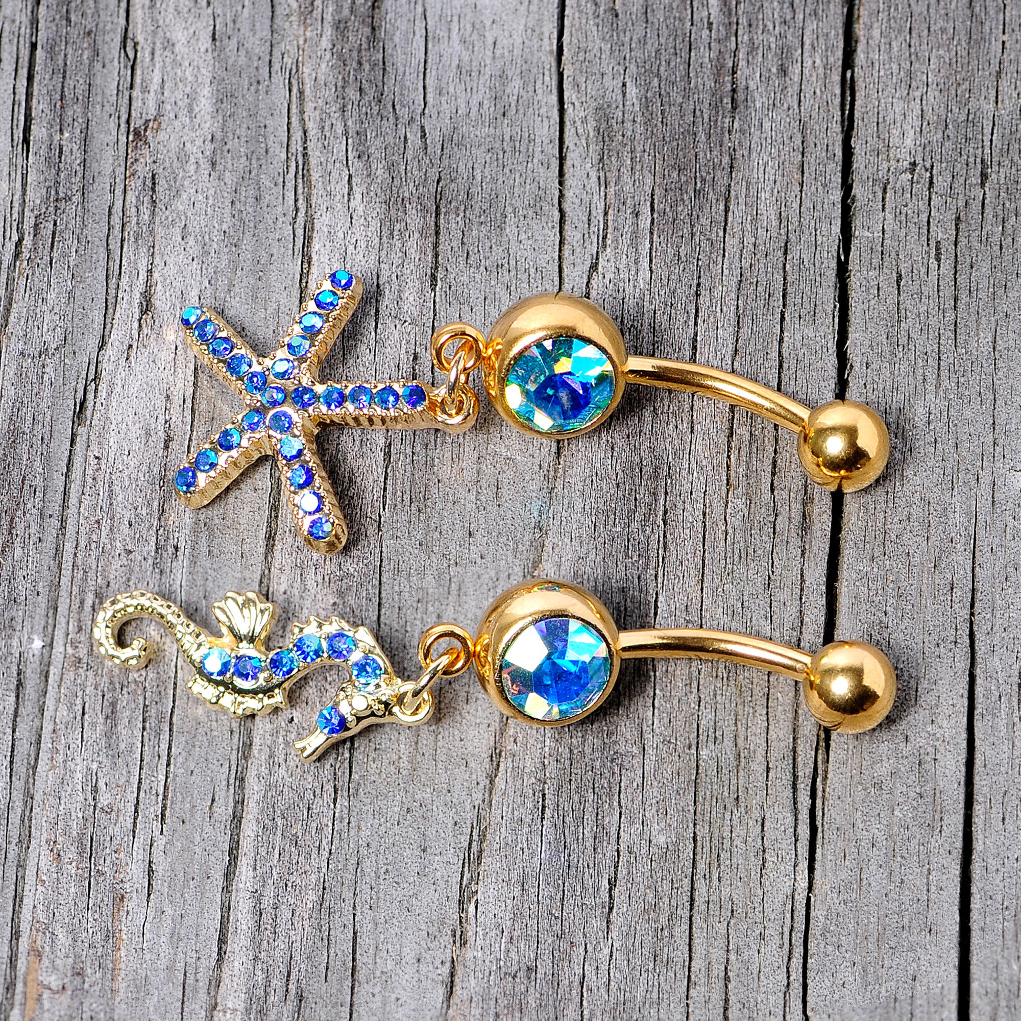 Blue Gem Gold Tone Starfish Seahorse Nautical Belly Ring Set of 2 - Image 6