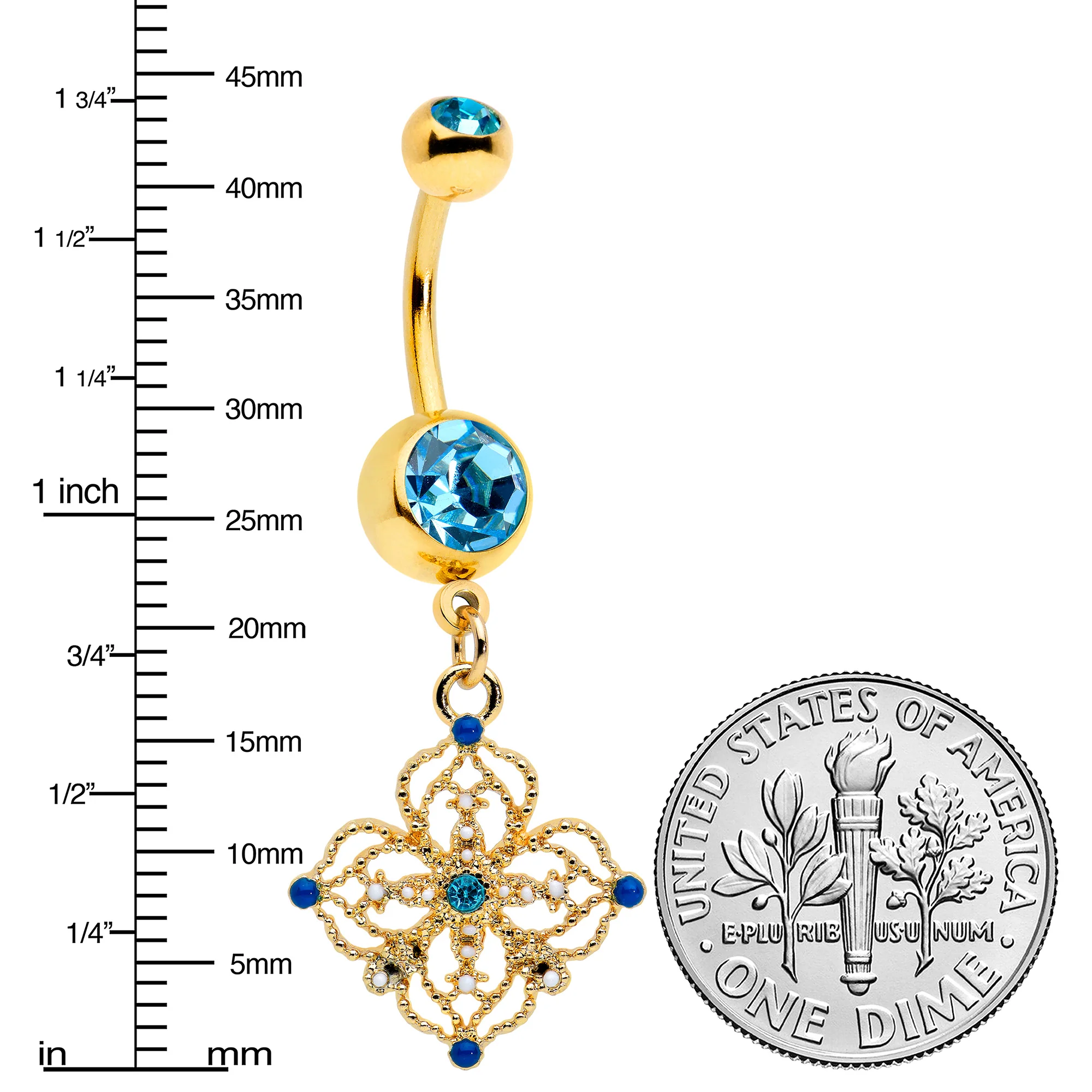 Blue Gem Gold Tone Texture Emblem Dangle Belly Ring - Image 2