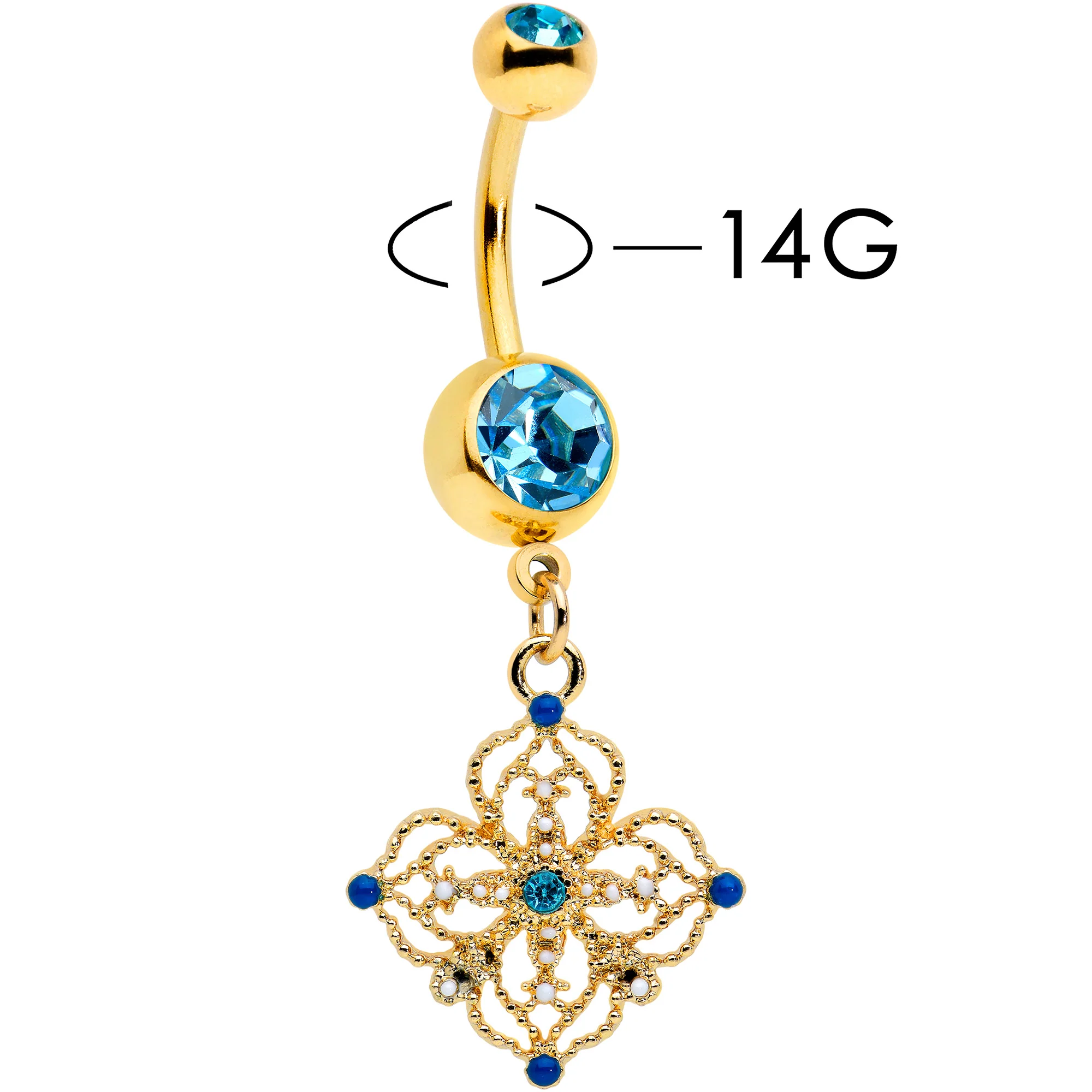 Blue Gem Gold Tone Texture Emblem Dangle Belly Ring - Image 3