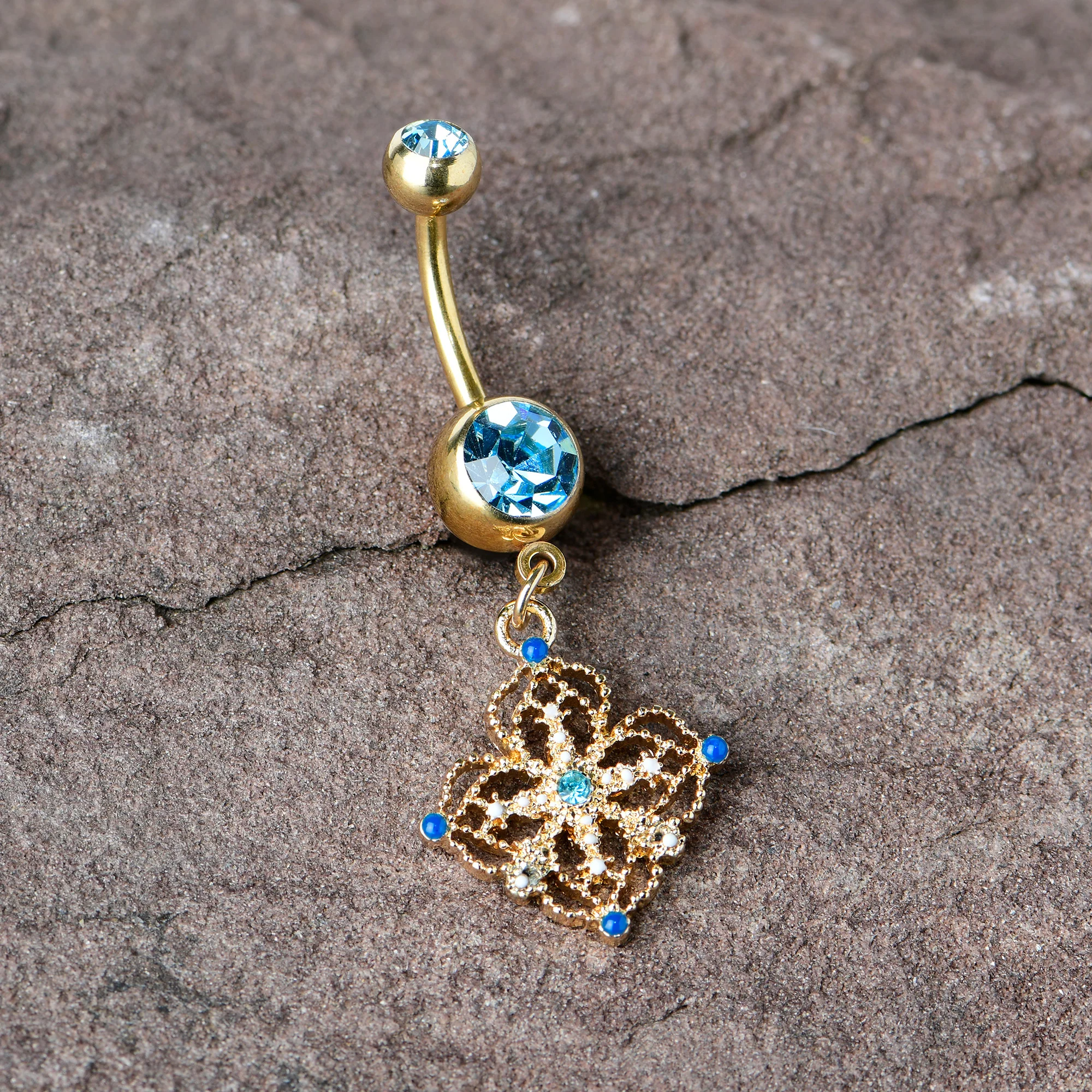 Blue Gem Gold Tone Texture Emblem Dangle Belly Ring - Image 7