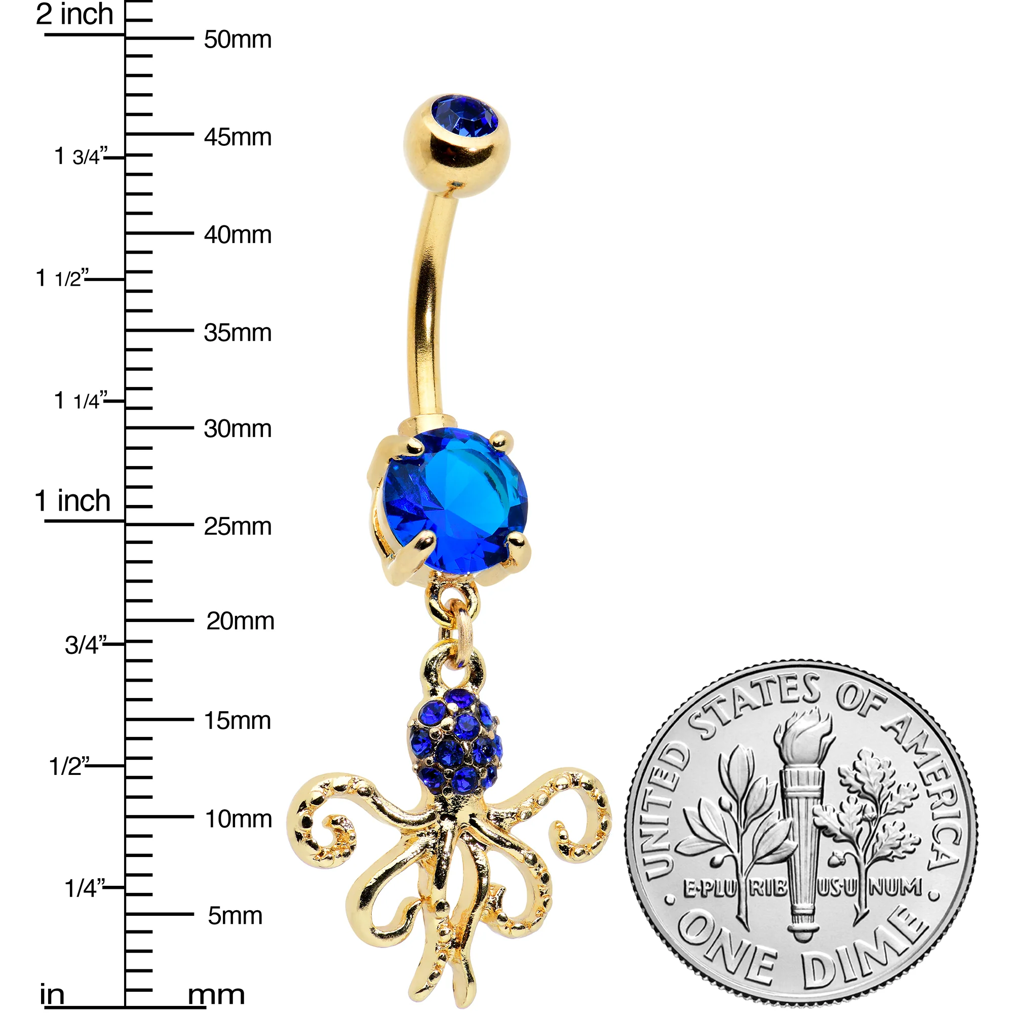 Blue Gem Gold Tone Textured Blue Octopus Dangle Belly Ring - Image 2